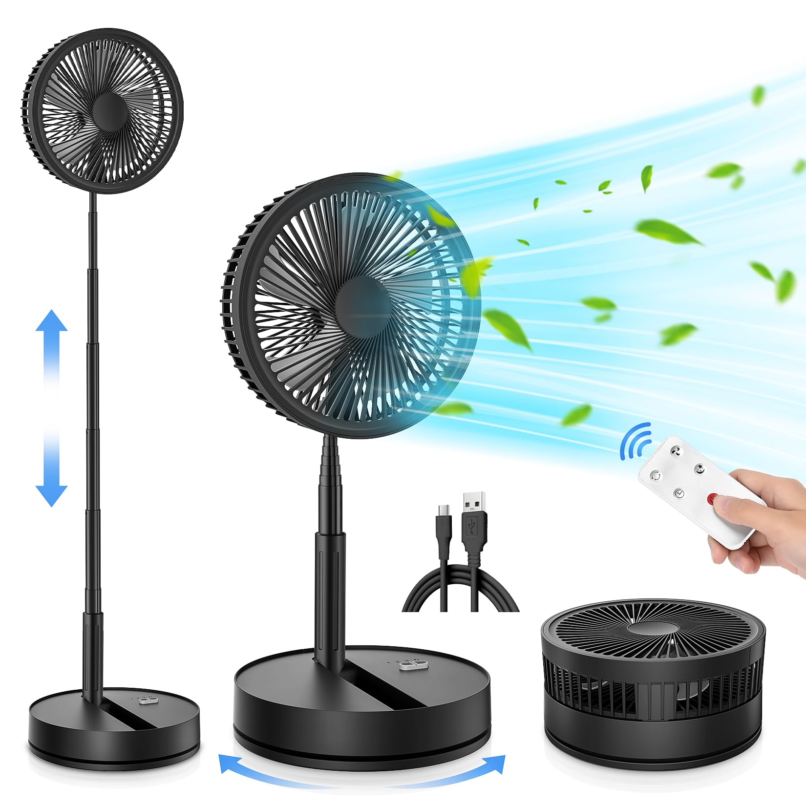 LIPETY Portable Foldable Rechargeable Oscillating Fan - 9 7200mah Battery Operated USB C Small Fan Remote, Quiet Table Desk Fan 