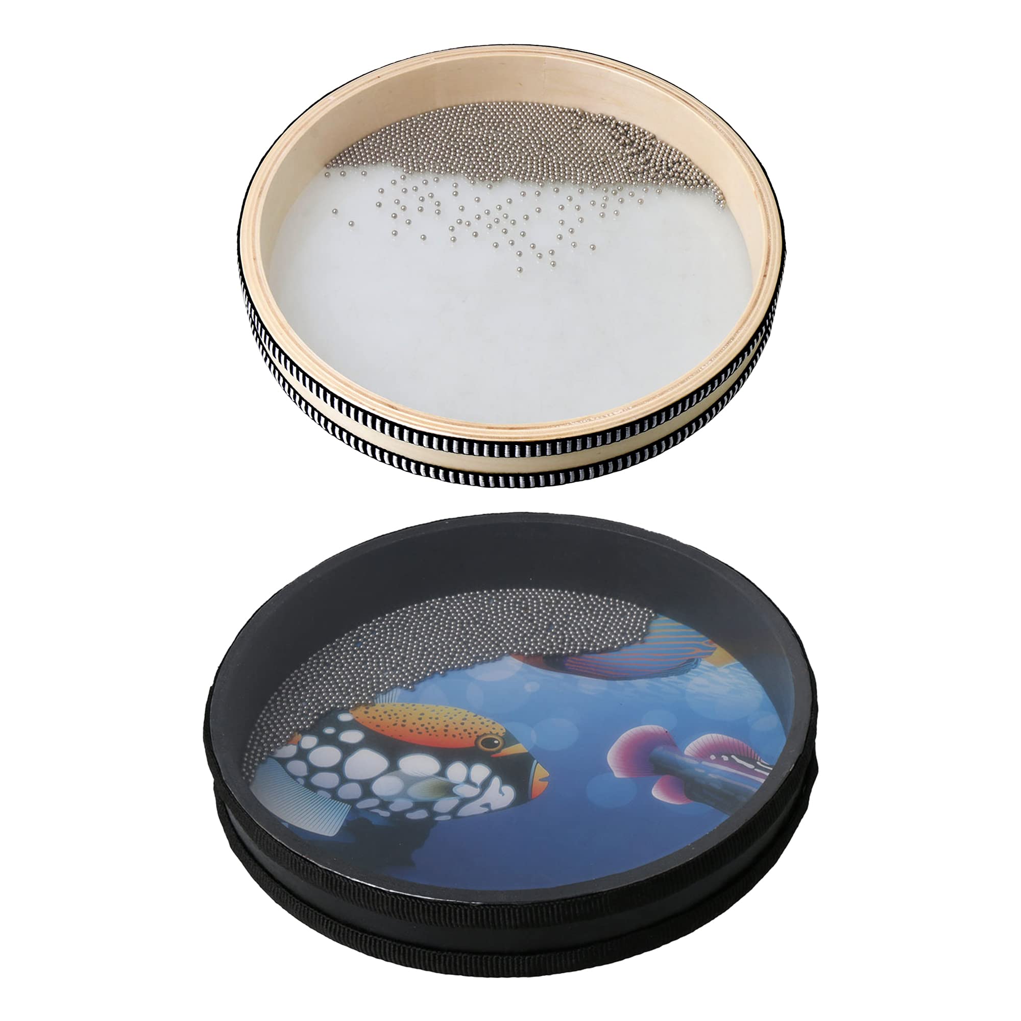 Bstinay 10Inch Wooden Ocean Drum  Wave Bead Sea Sound Drum With Fish Pattern