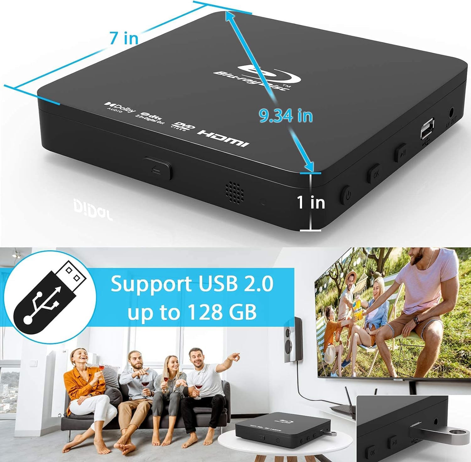 Super Mini Blu-Ray Hd Dvd For Tv, 1080P Blue-Ray Home Theater, Portable With Remote Control + Hdmi Av Cable + Built-In Pal/Ntsc,