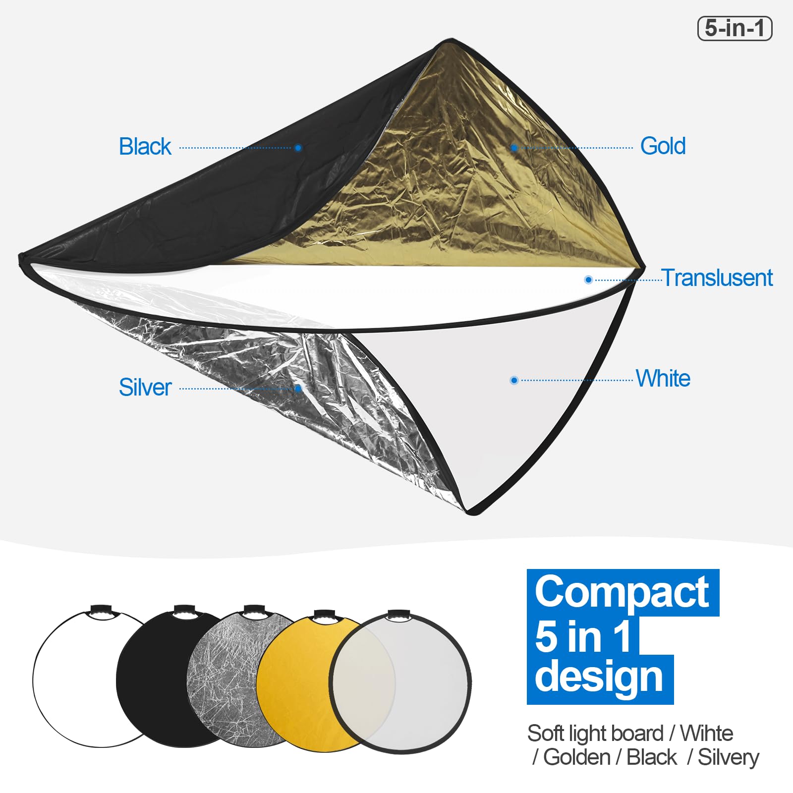 Wellmaking 32 Inch (80Cm) Reflector Photography, Collapsible Light Reflector With Threaded Handle & Tilt Adapter, 5 In 1 Handle