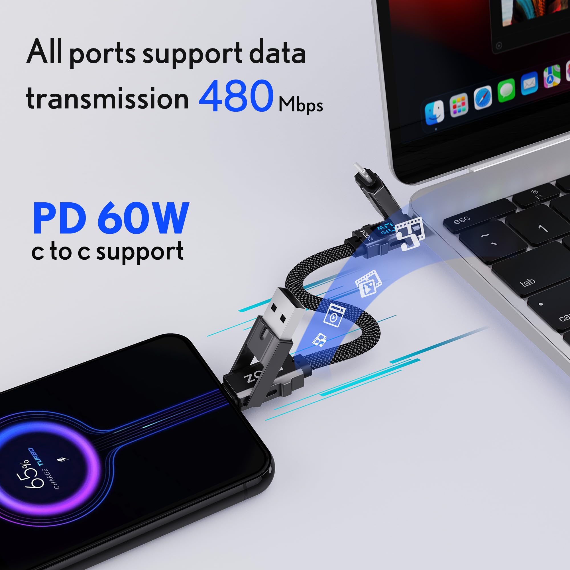 Pzoz Multi Charging Cable Keychain Charger Cable With Led Display, 4 In 1 Multi Usb C Fast Charging Combo Lightning/Type C/Usb A