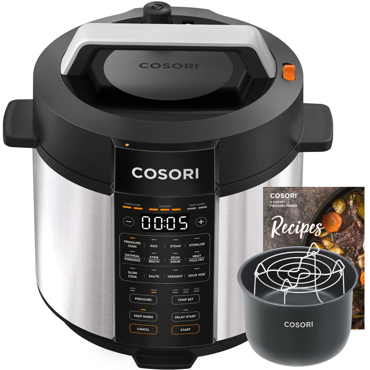 Cosori Pressure Cooker Electric 6 Qt, 9 In 1 Instant Multi Kitchen Appliances, Safer Venting Design, Rice Cooker, Slow Cooking Pot, Sous Vide, Saute Pot, 1100W, Stainless Steel