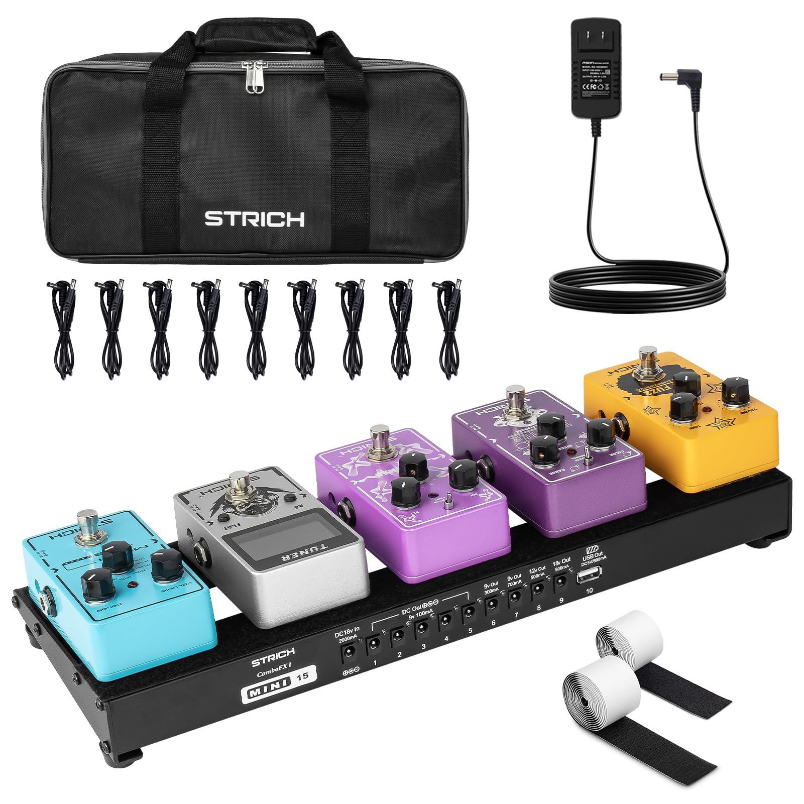 STRICH Guitar Pedal Board with Built-in Power Supply, Small Pedal Board 15 x 5.1 1.3LB Lightweight Aluminum Alloy, PedalBoard wi