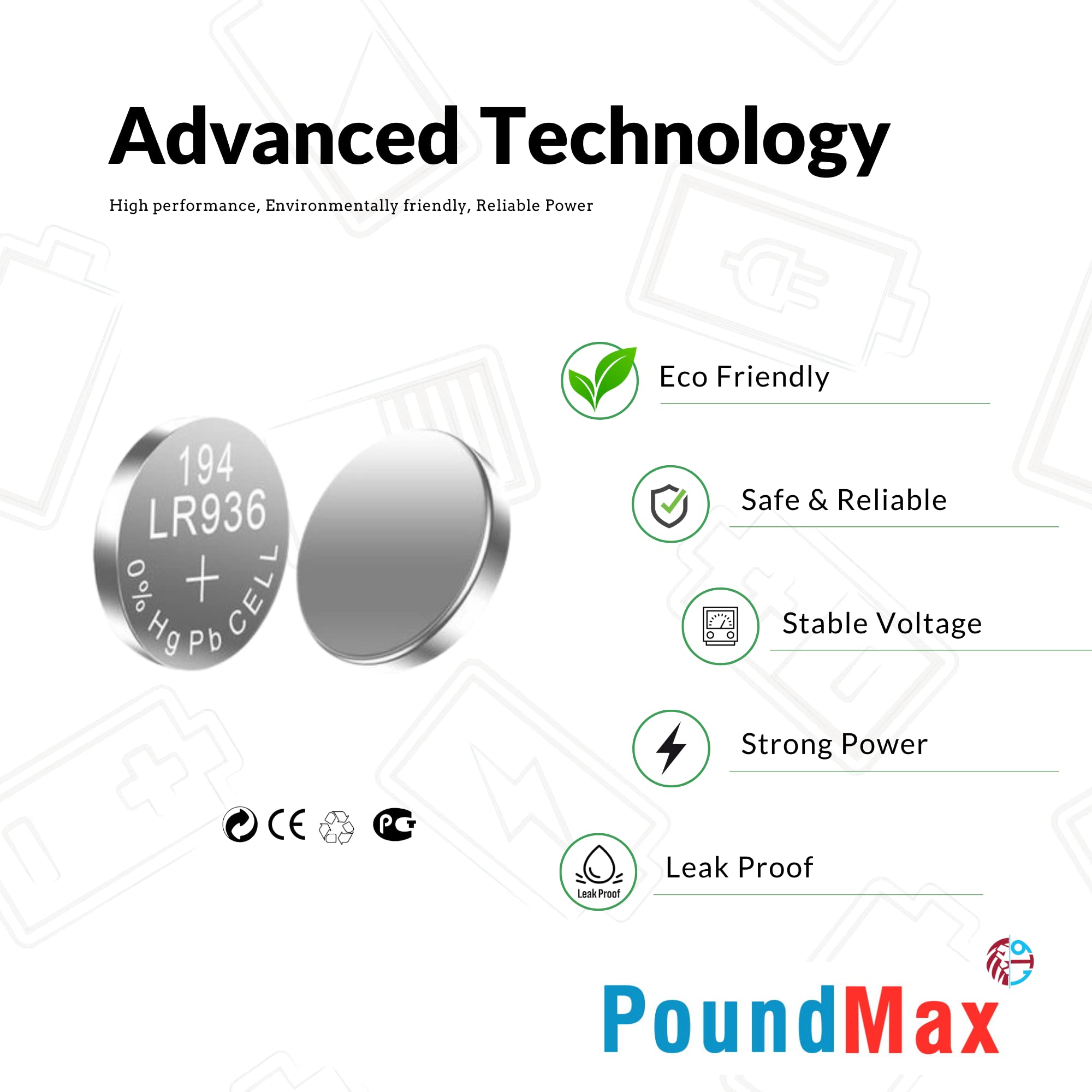 Poundmax Ag9 Lr936/394 Batteries 1.5V Alkaline Button Cell Battery - 10 Count