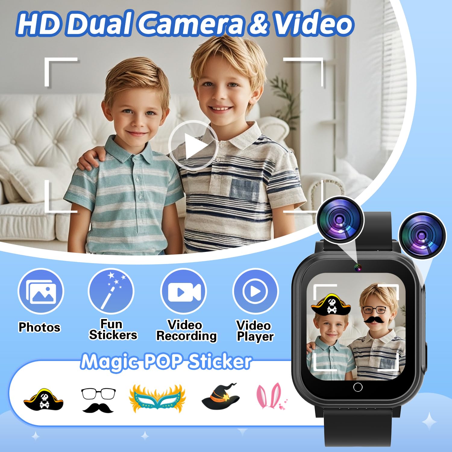 Kids Waterproof Smart Watch With 32 Games Hd Touchscreen Dual Camera Music Player Pedometer Flashlight Habit Tracking Storybook,