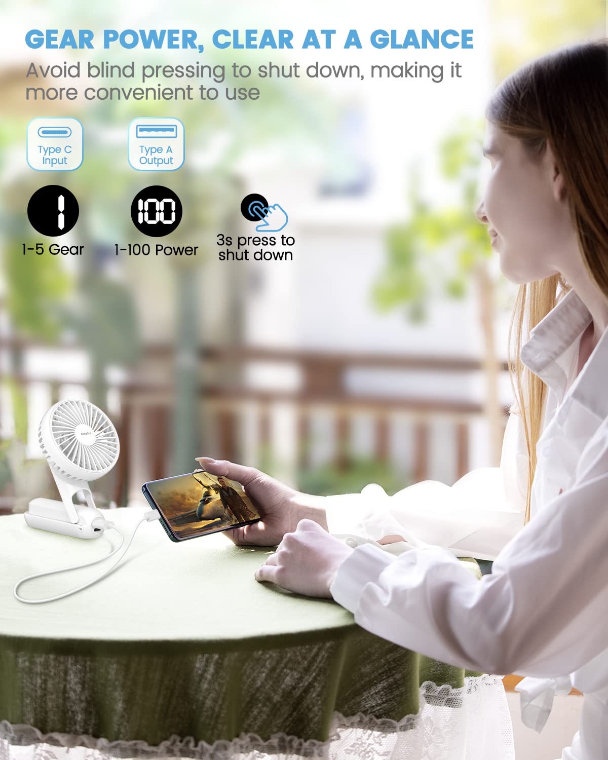 Easyacc Portable Hand Held Fan, Ultra Quiet 5 Speed Personal Fan, Led Dispay Usb C Rechargeable Handheld Fan, 180 Foldable Small