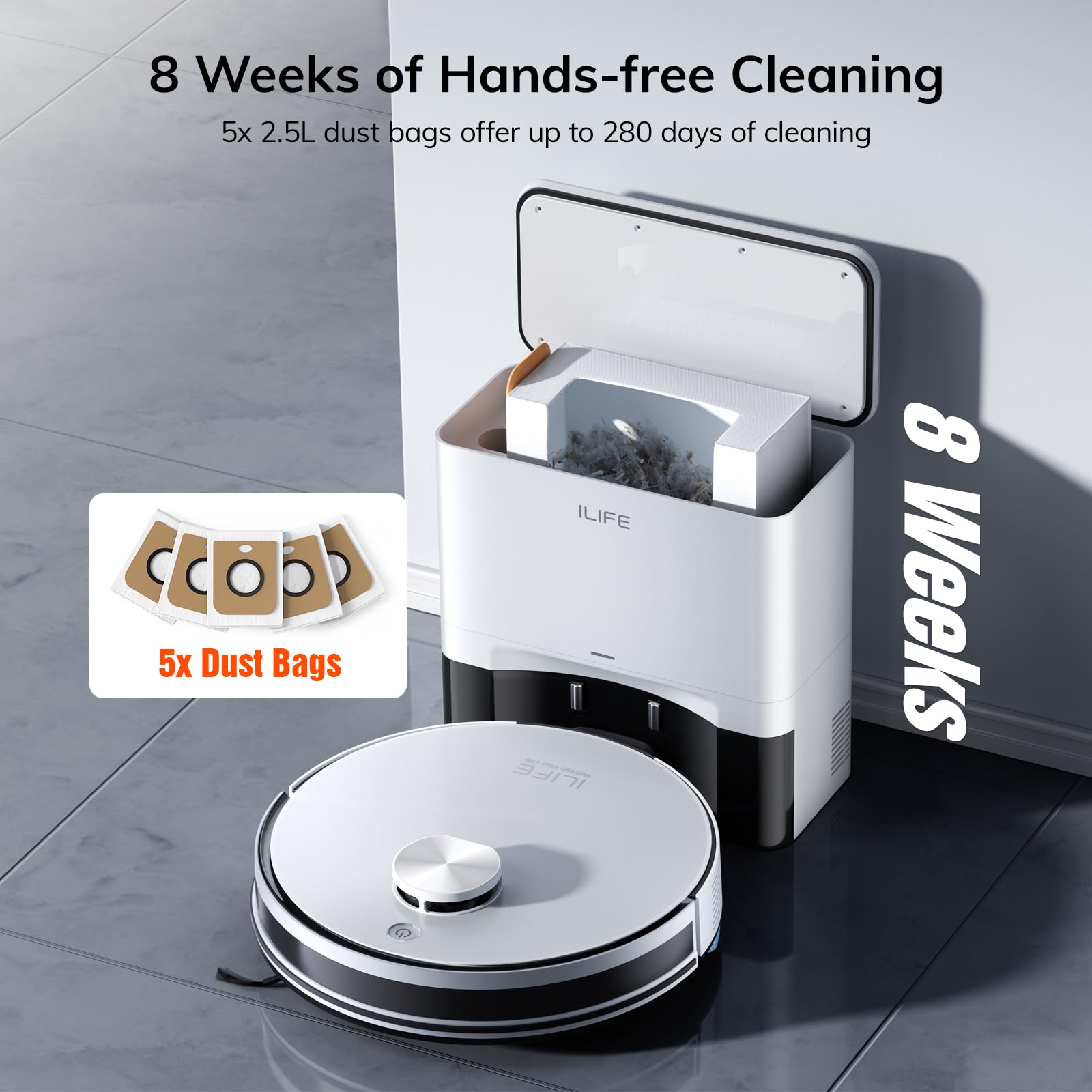 Ilife A30 Pro Robot Vacuum And Mop, Self Emptying Station For 60 Days, 5000Pa Suction, Lidar Navigation, No-Go Zones, 2.4G Wifi/