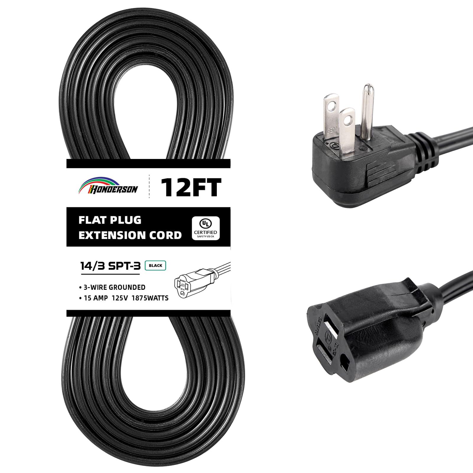 Honderson Flat Plug Extension Cord, Ul Listed, Indoor Extension Cord 14 Gauge 12Ft Black, 14/3 Spt 3 15A 3 Prong Grounded Power