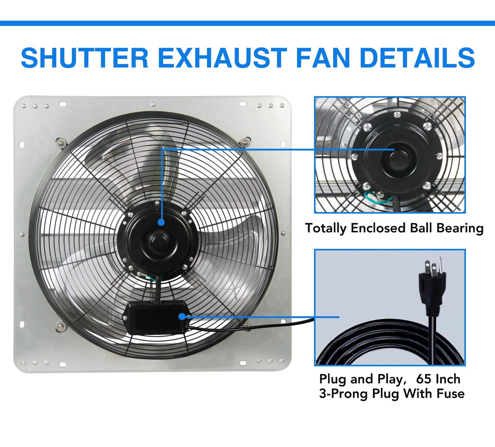 Jpower 18 Inch Shutter Exhaust Fan, Gable Vent Fan, Wall Mount Ventilation, High Speed 2600 Cfm, Automatic Aluminum Blades, For