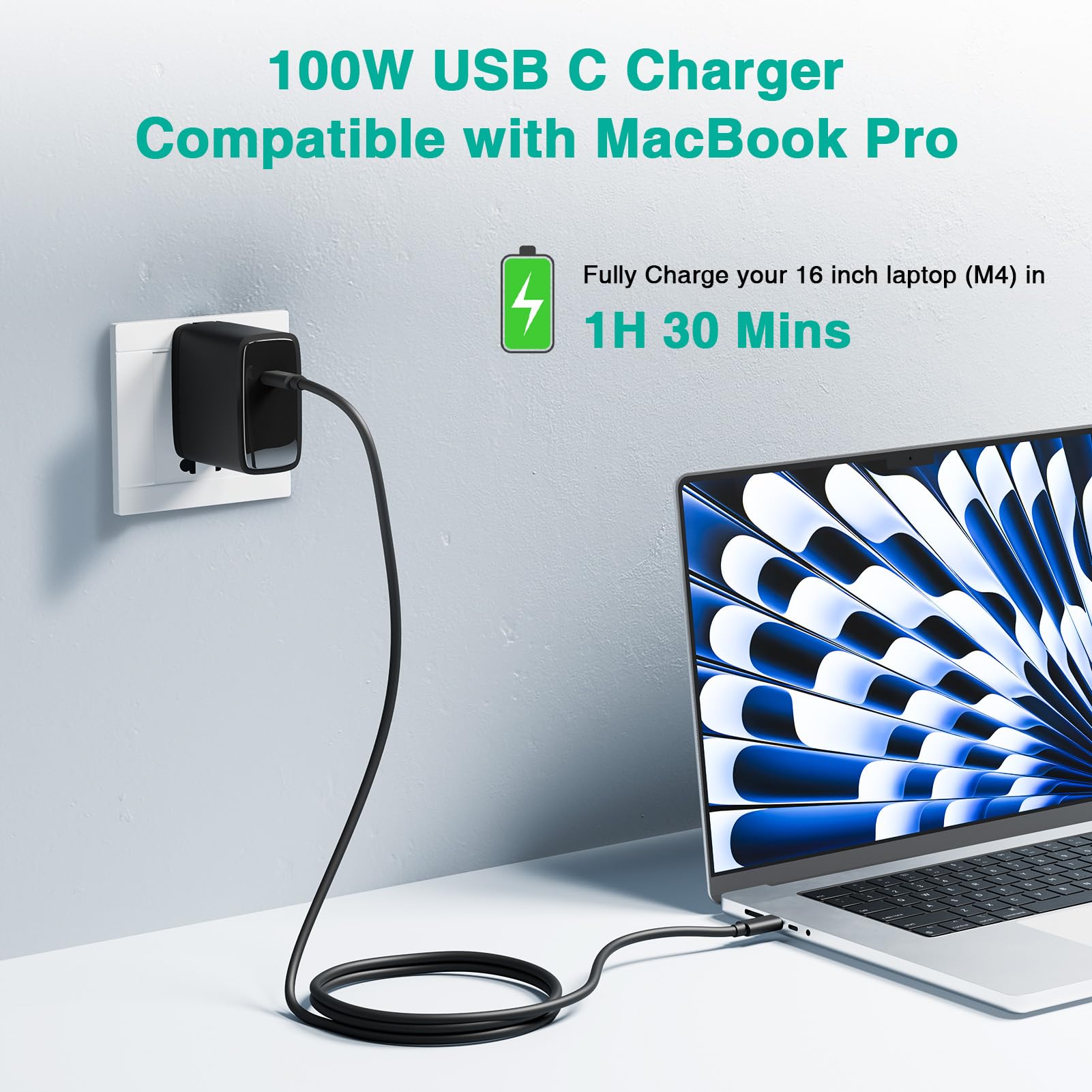 100W Charger For Macbook Pro/Air 13 14 15 16 Inch M4 M3 M2 M1 2025 2024 2023 2022 2021 2020 2019, Fast Usb C Laptop Charger Powe