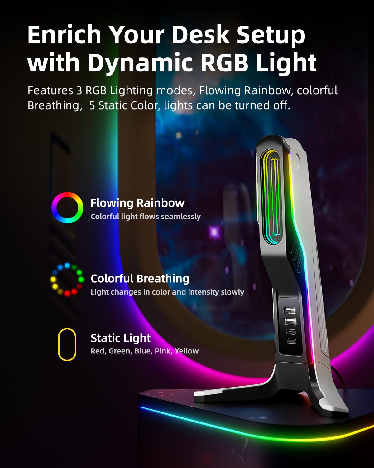 IFYOO RGB Gaming Headset Stand with USB & Type-C Ports, Black & White, Model IFYOO-HS-X2, PC/Xbox/PS5 Compatible