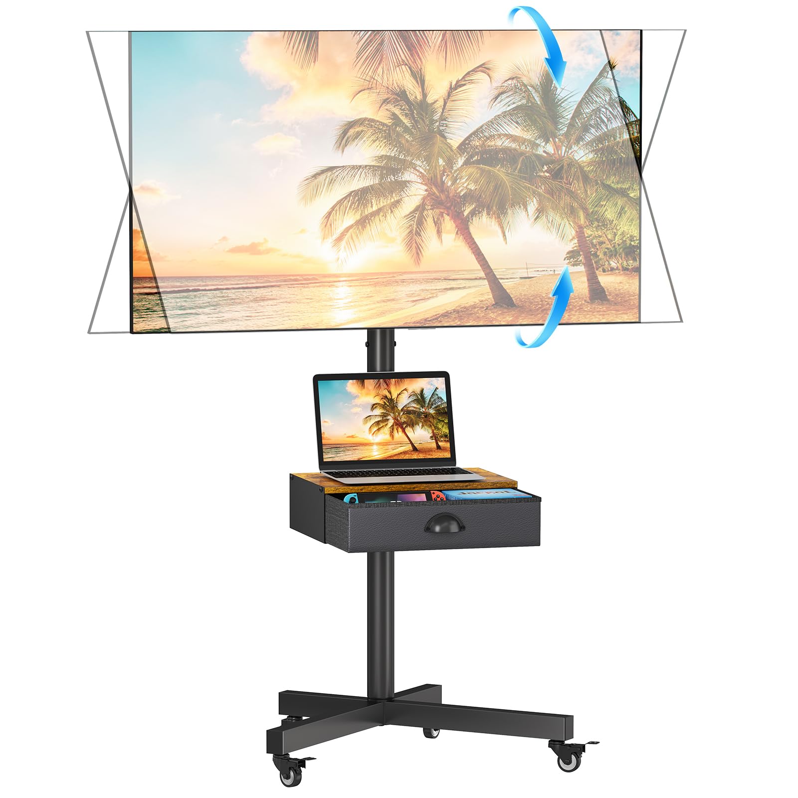 Mobile Tv Stand With Drawer For 2360 Inch Flat/Curved Screen,Tilt Rolling Tv Cart On Wheels With Adjustable Height Portable Tv 