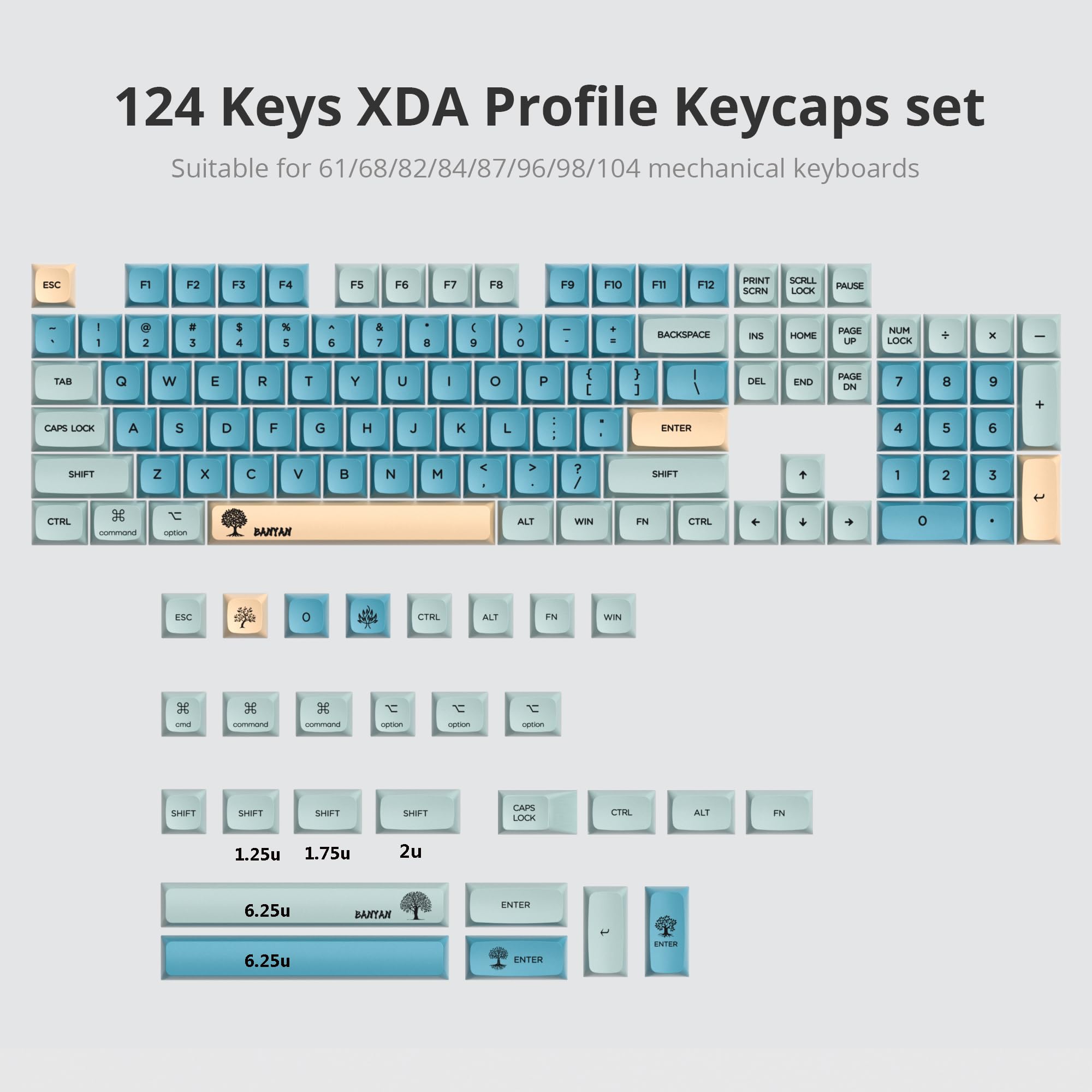 Guffercty Kred Gtsp Xda Profile Pbt Keycaps, 124 Keys Custom Dye Sublimation Keycaps Us Layout With Mac Keycaps For Fullsize, Te