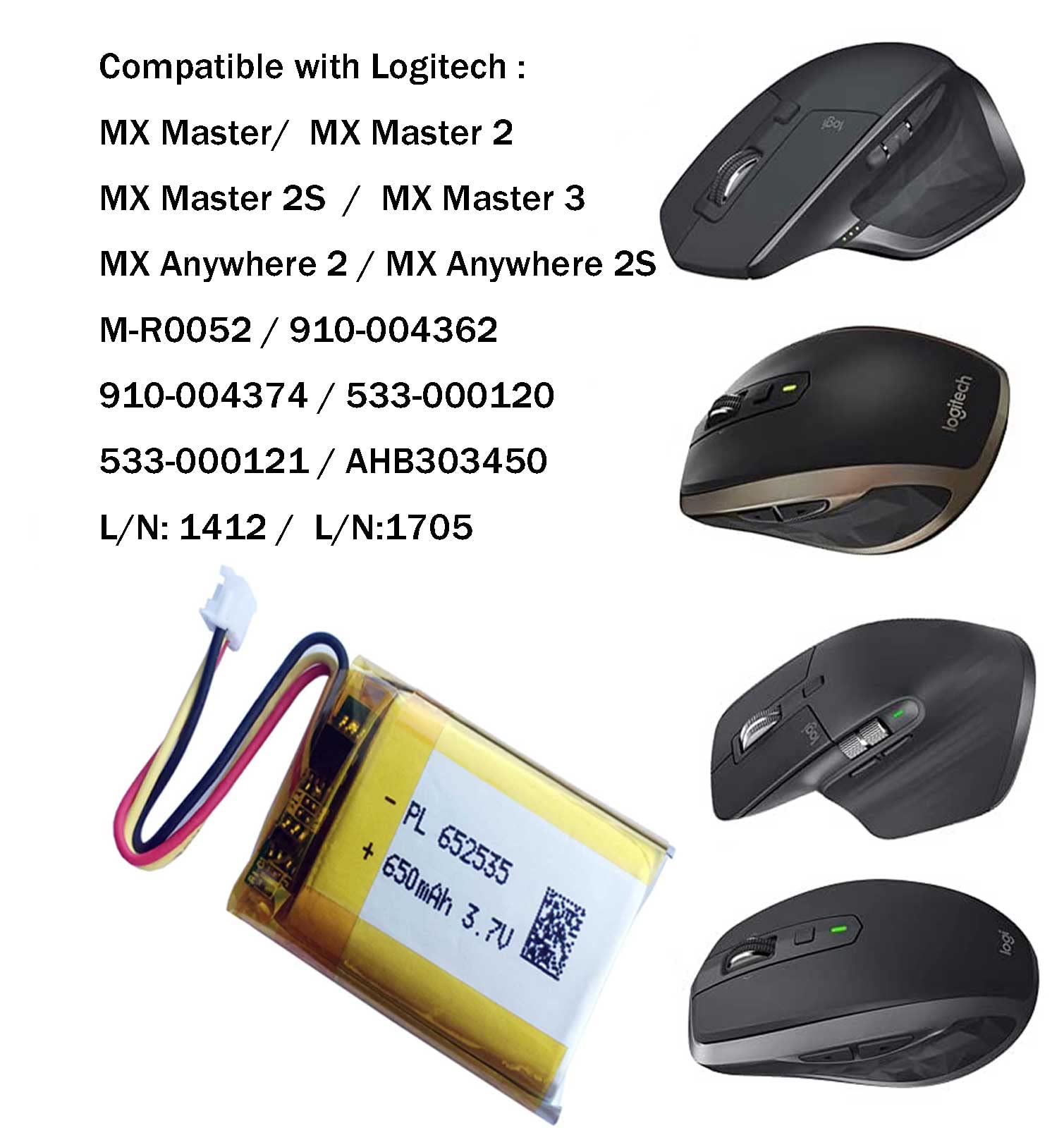 602535 652535 Battery 650Mah Replacement For Logitech Mx Master 2 Mx Master 3 Mx Master 2S Mx Anywhere 2 Mx Anywhere 2S Mx Ergo