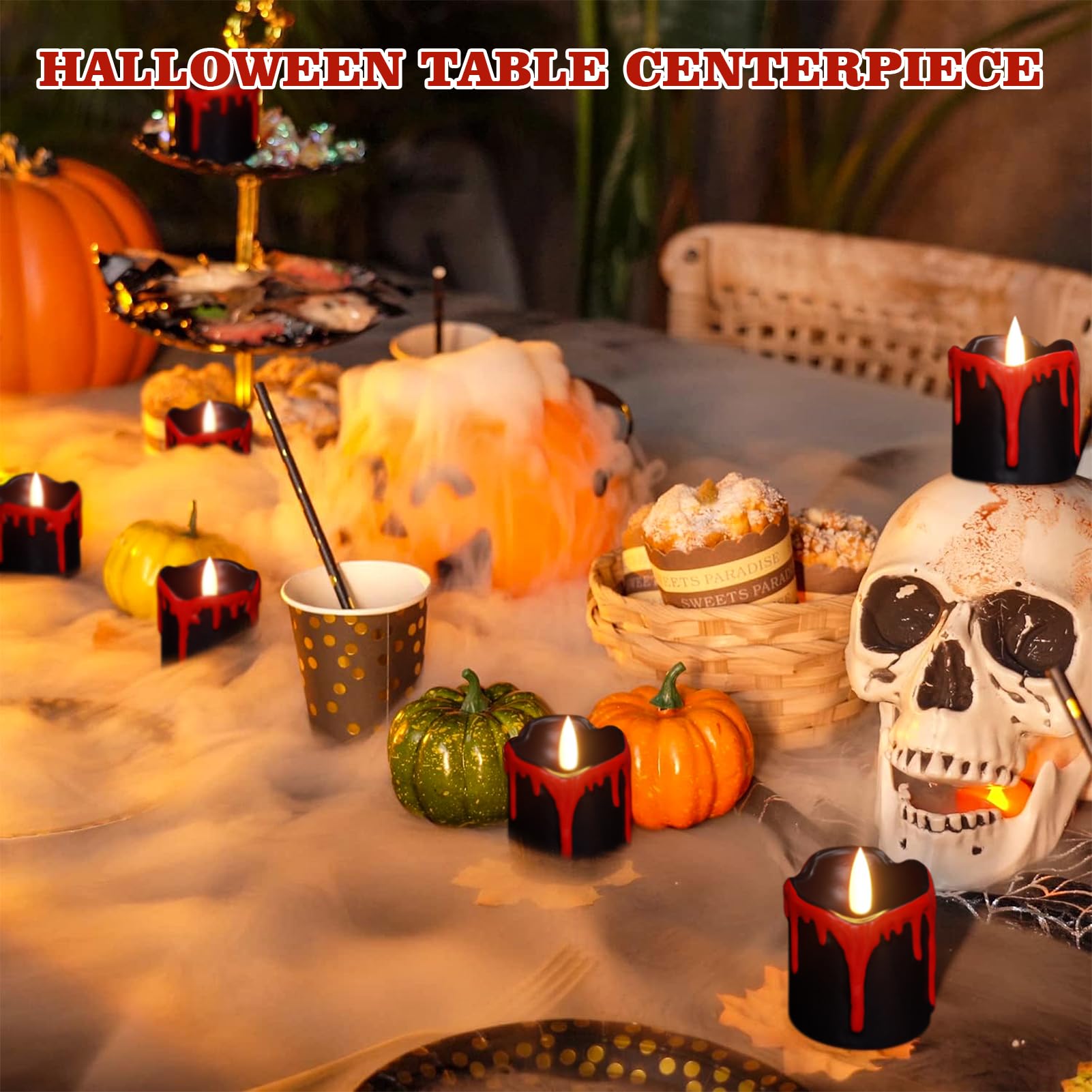 Genswin Halloween Led Votive Candles With Long Lasting Batteries, Flameless Flickering With 6H Timer, 6 Real Wax Black And Red C