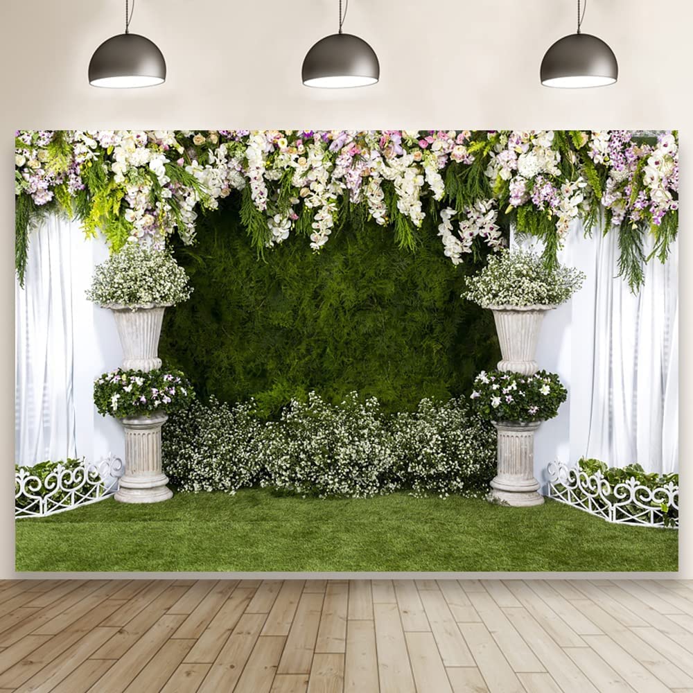 Laeacco Arch Wedding Flowers Backdrop 10X8Ft Vinyl Photography Background Stone Planter Flowers White Curtain Green Ivy Wall Decoration Outdoos Ceremony Green Grassfield Backdrop