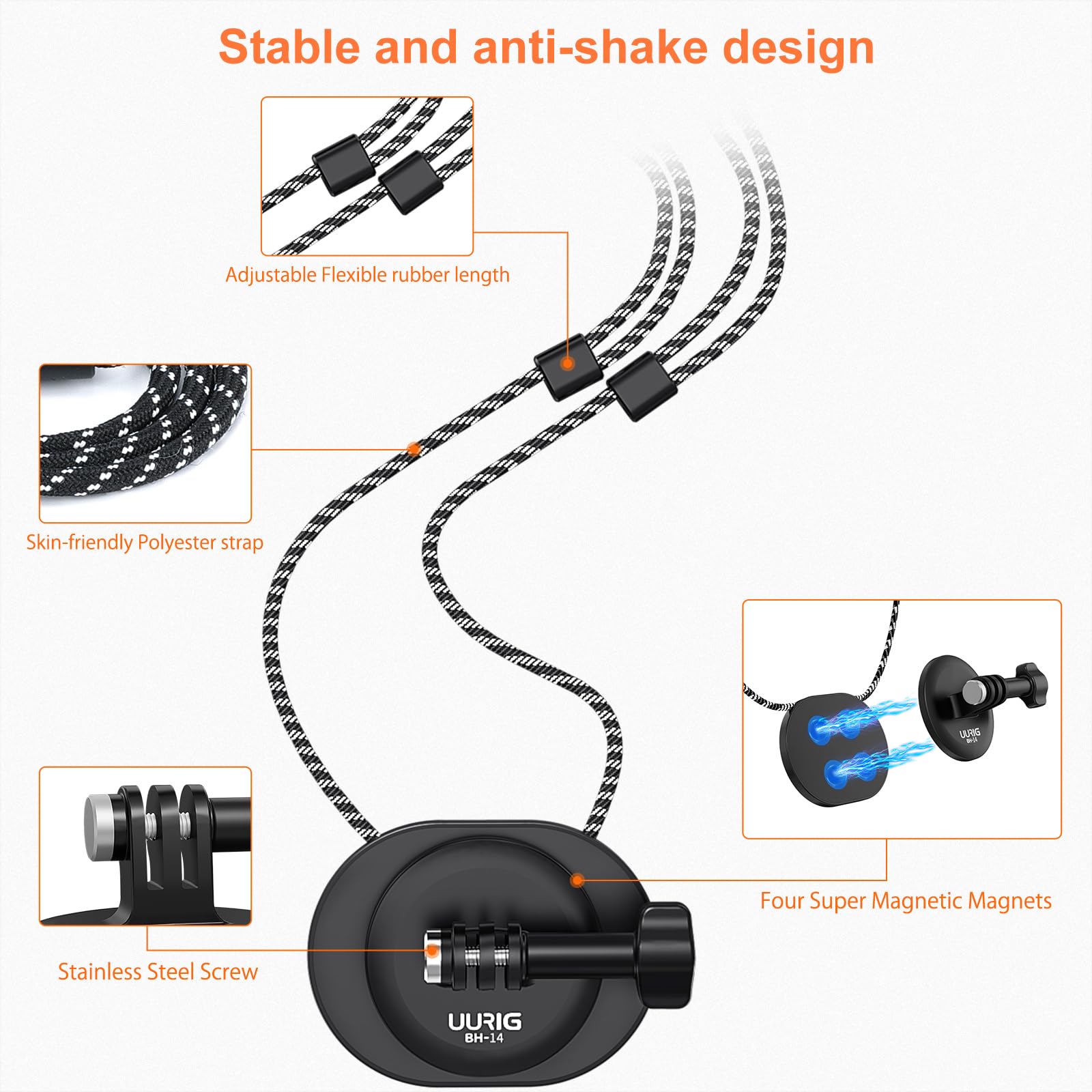 Uurig Bh 14 Magnetic Pov Neck Selfie Holder For Gopro, Action Camera Mount Quick Release, Hands Free For Gopro Hero11 10 9 8 7 B