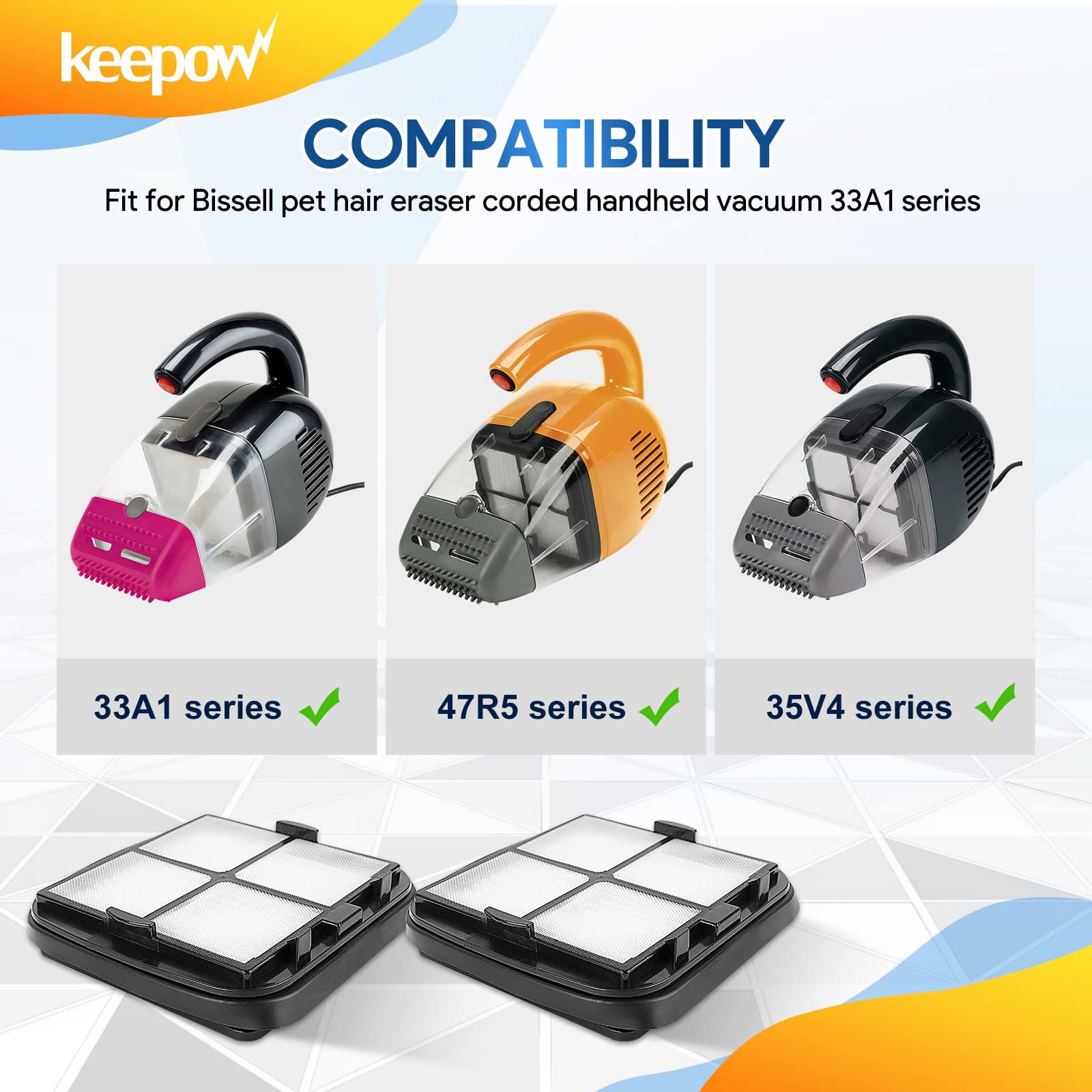 Keepow Pet Hair Eraser Filter Replacement 97D5 3 Pack, Compatible With Bissell Pet Hair Eraser Corded Handheld Vacuum 33A1 Serie