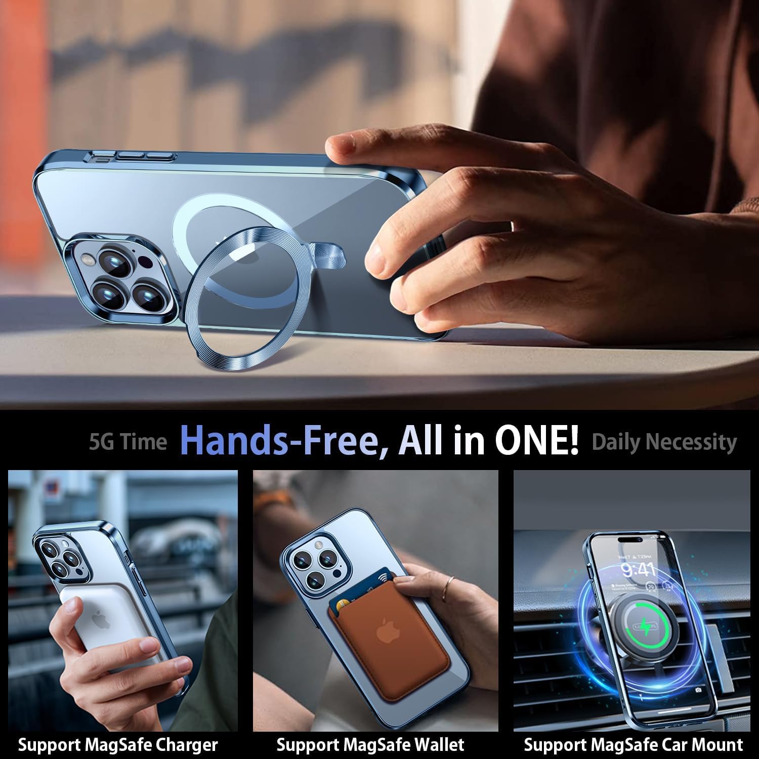 Tlikemiss [Cd Ring Compatible With Magsafe Invisible Stand] Magnetic For Iphone 13 Pro Case, [Electroplated Bumper Non Yellowing