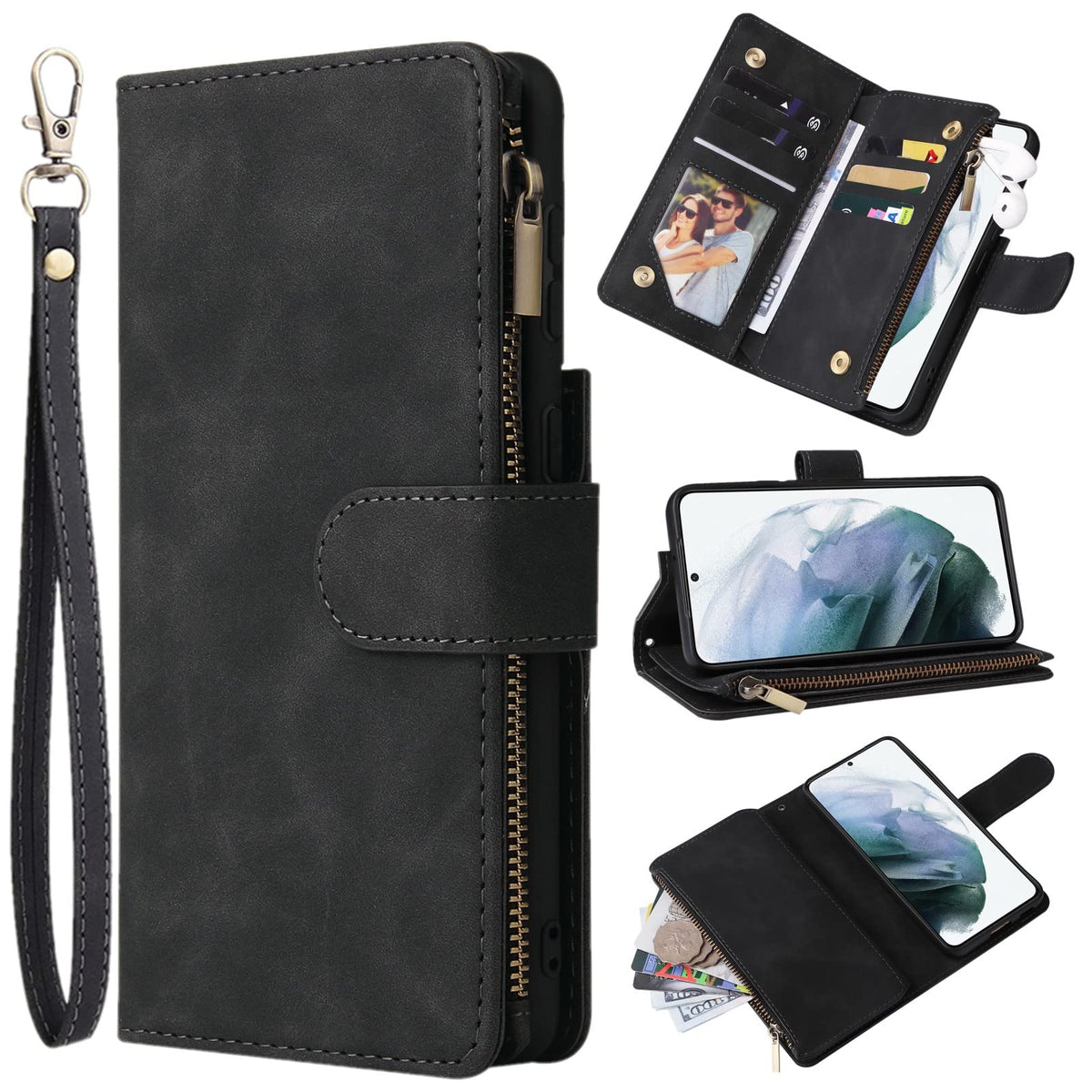Zzxx Samsung Galaxy S22+ Plus Case Wallet With Card Slot Premium Soft Pu Leather Zipper Flip Folio With Wrist Strap Kickstand Pr