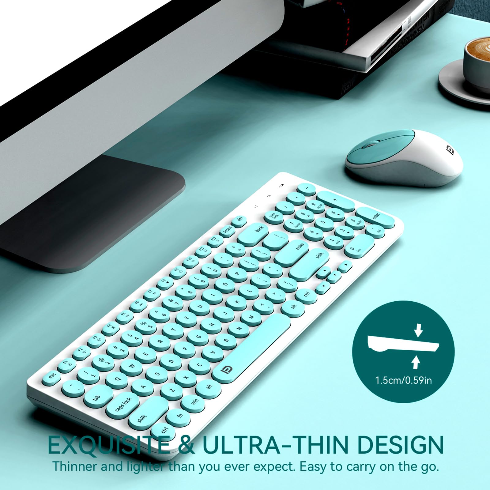 Fd Wireless Keyboard And Mouse Combo   2.4Ghz Usb Cordless, Cute Round Keys, Quiet And Slim Set For Laptop, Computer, Tv, And Ma