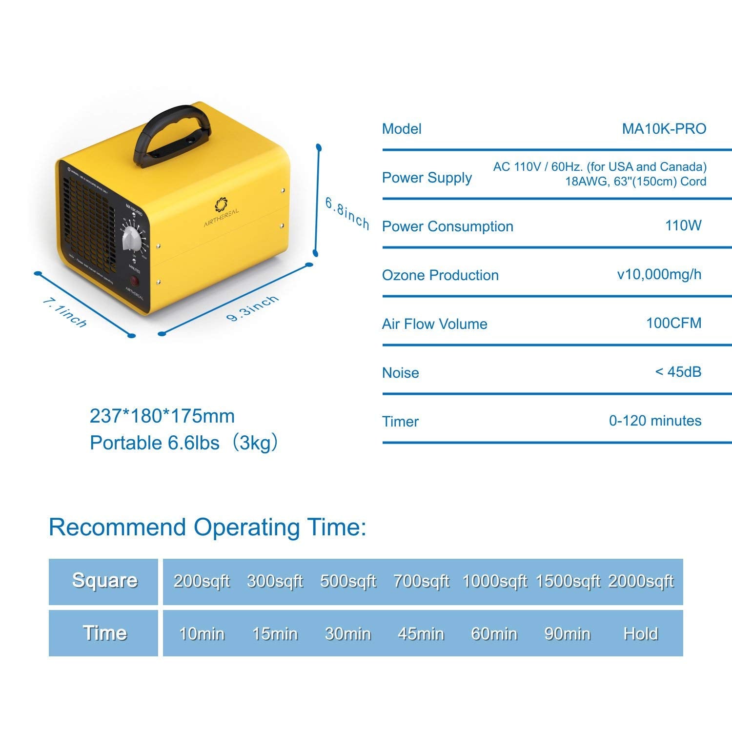 Airthereal Ma10K Pro Ozone Generator 10000 Mg/H High Capacity O3 Machine, Home Ionizer Odor Remover, Yellow