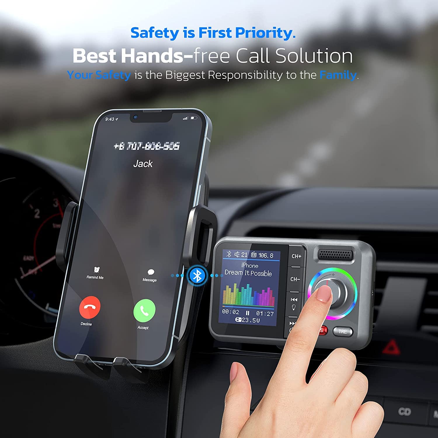 Nulaxy Bluetooth FM Transmitter for Car, Hands-Free Call, QC3.0 Fast Charging, Small, Grey, Model KM28