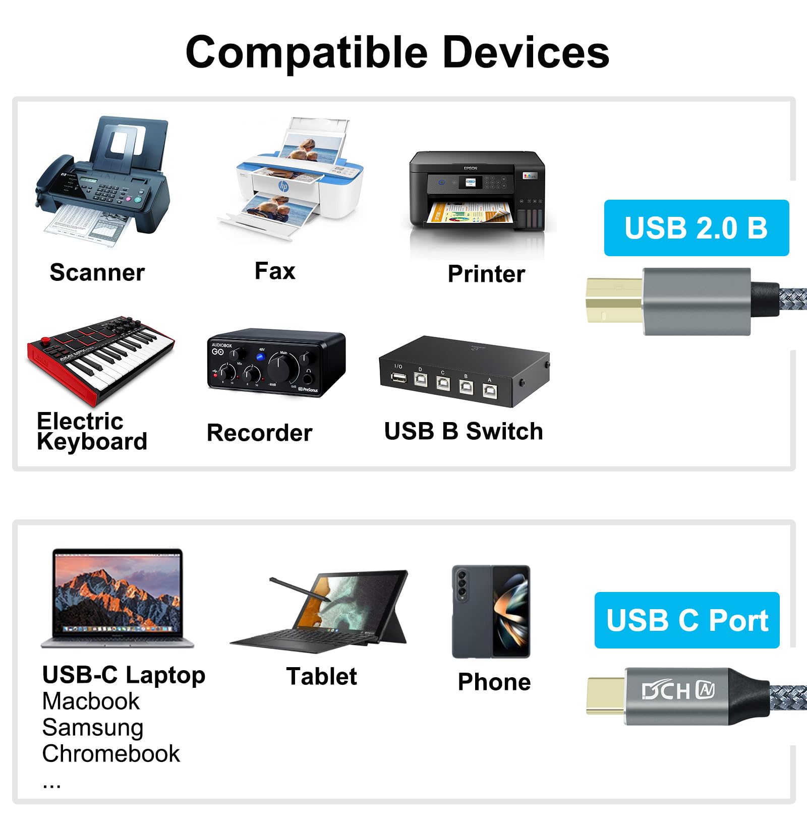Dchav Usb B To Usb C Printer Cable 2.0 Type B To Type C Cord Replacement For Computer Laptop Dj Controller Midi Keyboard Piano S