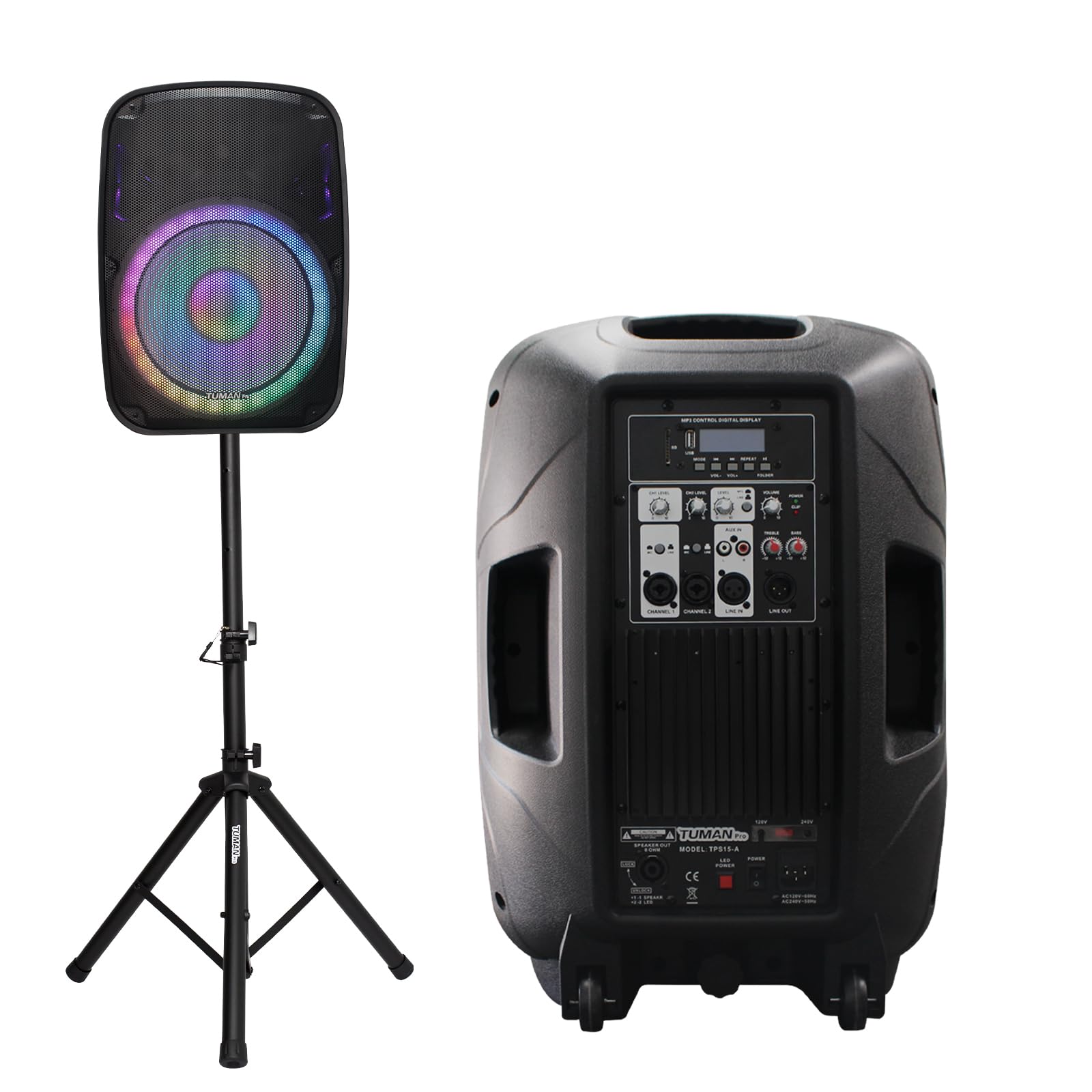 TUMAN Pro Portable 15-Inch PA Speaker System DJ Amplified Loud Speaker with Stand Bluetooth/USB/SD Card Reader/FM Radio/Remote C