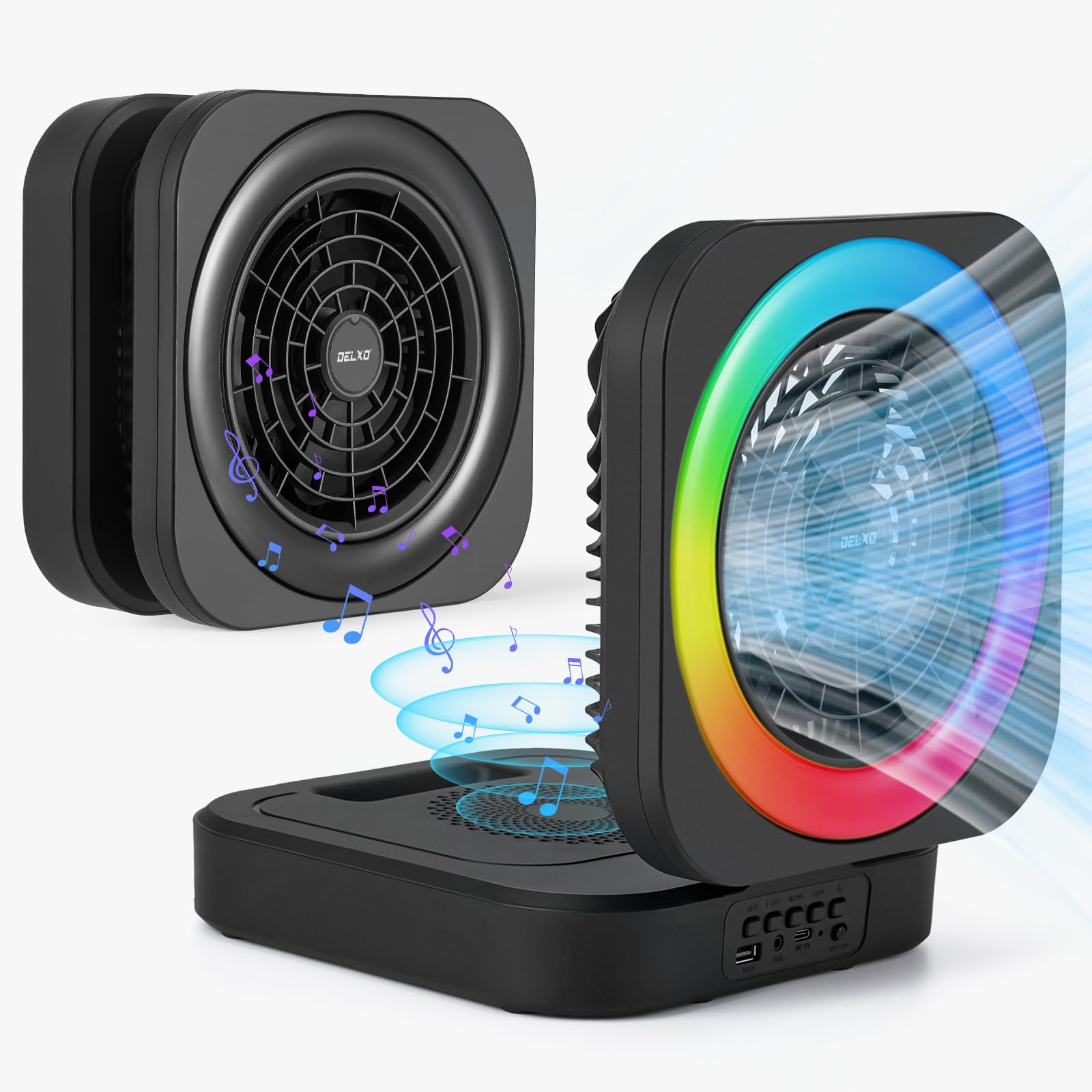 Delxo Bluetooth Speaker With Fan Rechargeable Outdoor,Wireless Speaker With Led Desk Night Light For Indoor Office,Portable Fan