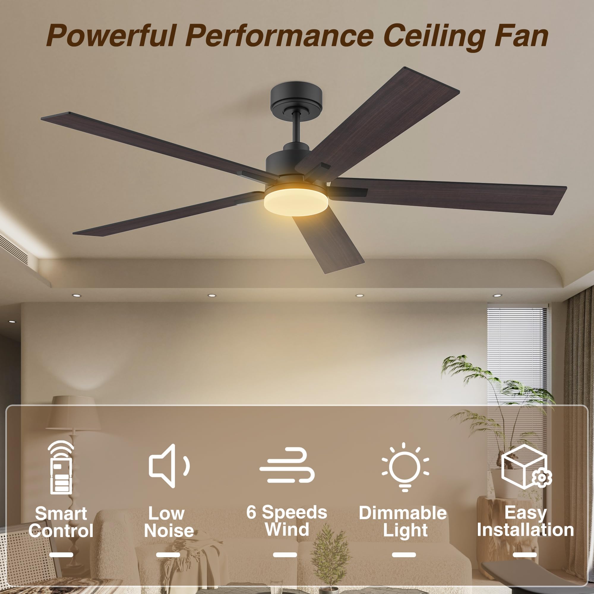 60 Inch Smart Ceiling Fan With Lights Remote,Control Via Alexa Google Voice App Wifi,Quiet Dc Motor,Dimmable,Outdoor Indoor Mode