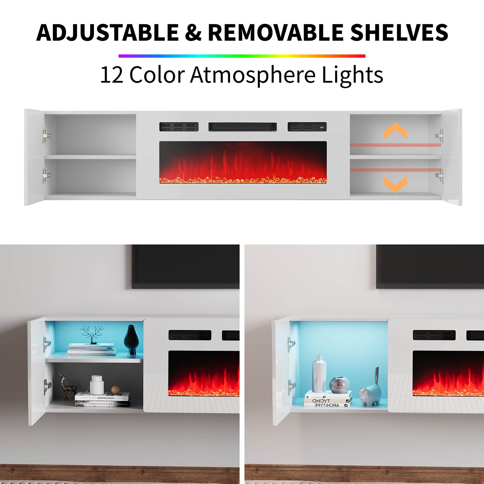 Amerlife Floating Tv Stand With 36 Electric Fireplace, High Gloss Finish Wall Mounted Fireplace Entertainment Center With Storag