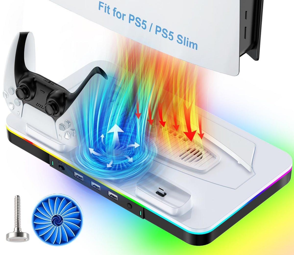 Ps5 Stand,Ps5 Slim Stand,Ps5 Slim/Ps5 Cooling Station With Rgb Color Changing Led Controller Charging,Dual Controller Charger Fo