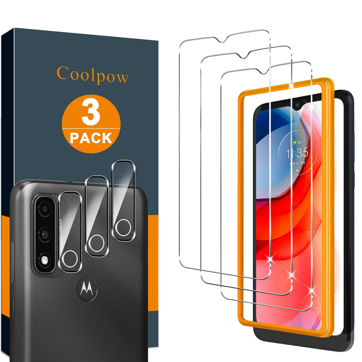 Coolpow ?3+3 Pack? Designed For Motorola Moto G Pure Screen Protector Tempered Glass Film, Bubble Free, Anti Scratch, Hd Clarity