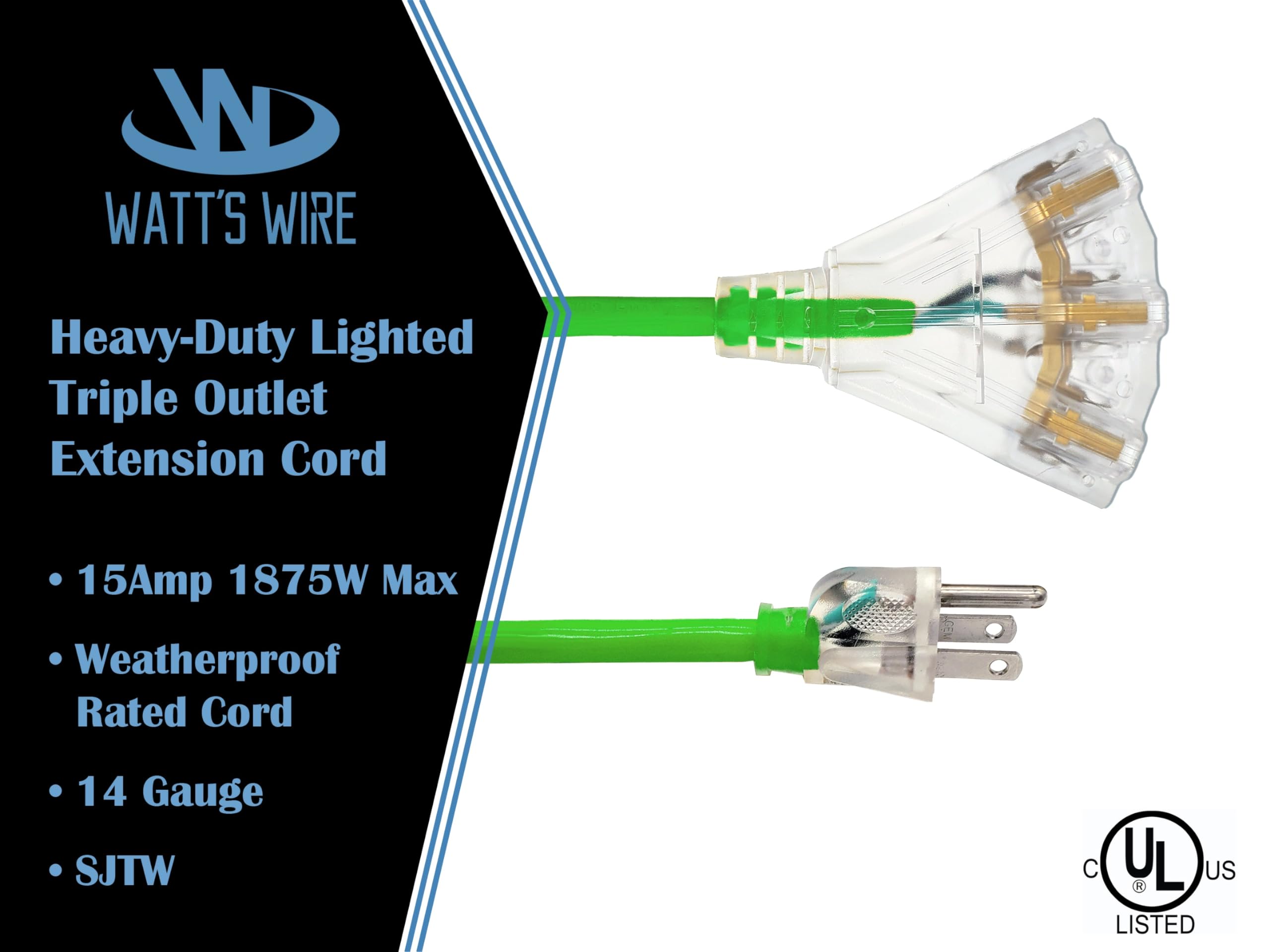 15 Ft   14 Gauge Heavy Duty Extension Cord   3 Outlet Lighted Sjtw   Indoor/Outdoor Extension Cord By Watt'S Wire   15' 14 Gauge
