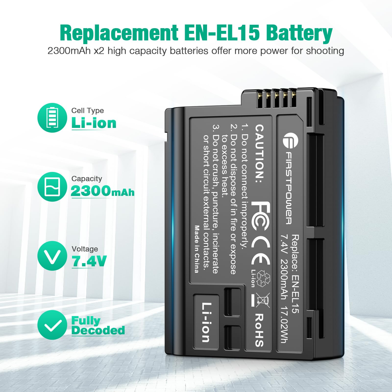 FirstPower EN-EL15 Batteries 2-Pack & USB Dual Charger for Nikon Z6 Z7 D750 D850 - Black