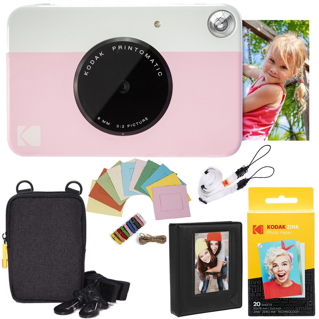 Kodak Printomatic Instant Camera Bundle (Pink) Zink Paper (20 Sheets)  Case  Photo Album  Hanging Frames.