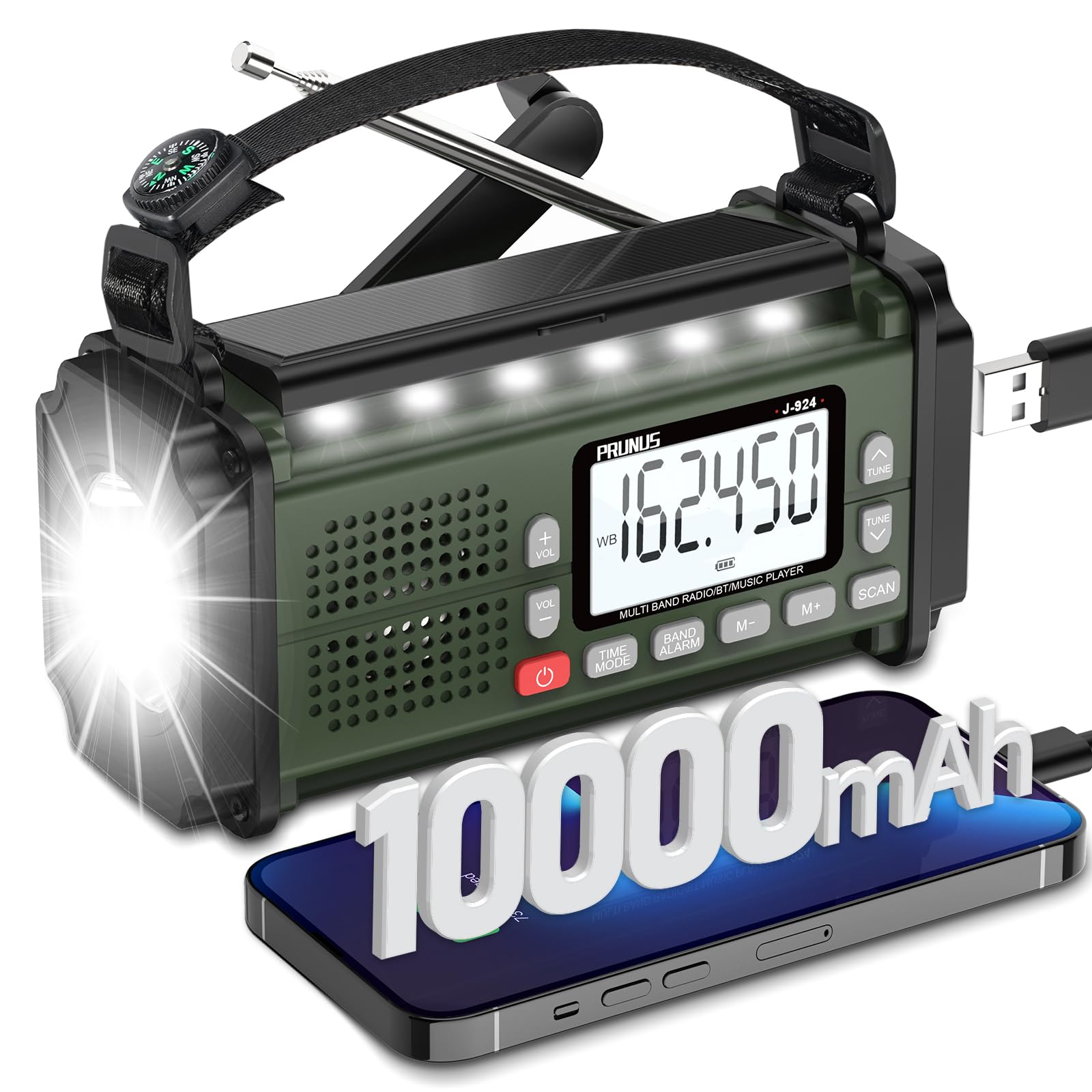Prunus 10000Mah Hand Crank Radio Solar, Battery Powered And Usb Charging Emergency Radio, Noaa Weather Radio Am/Fm/Sw, Torch& Reading Light, Sos Alarm, Power Bank, Compass For Camping 924