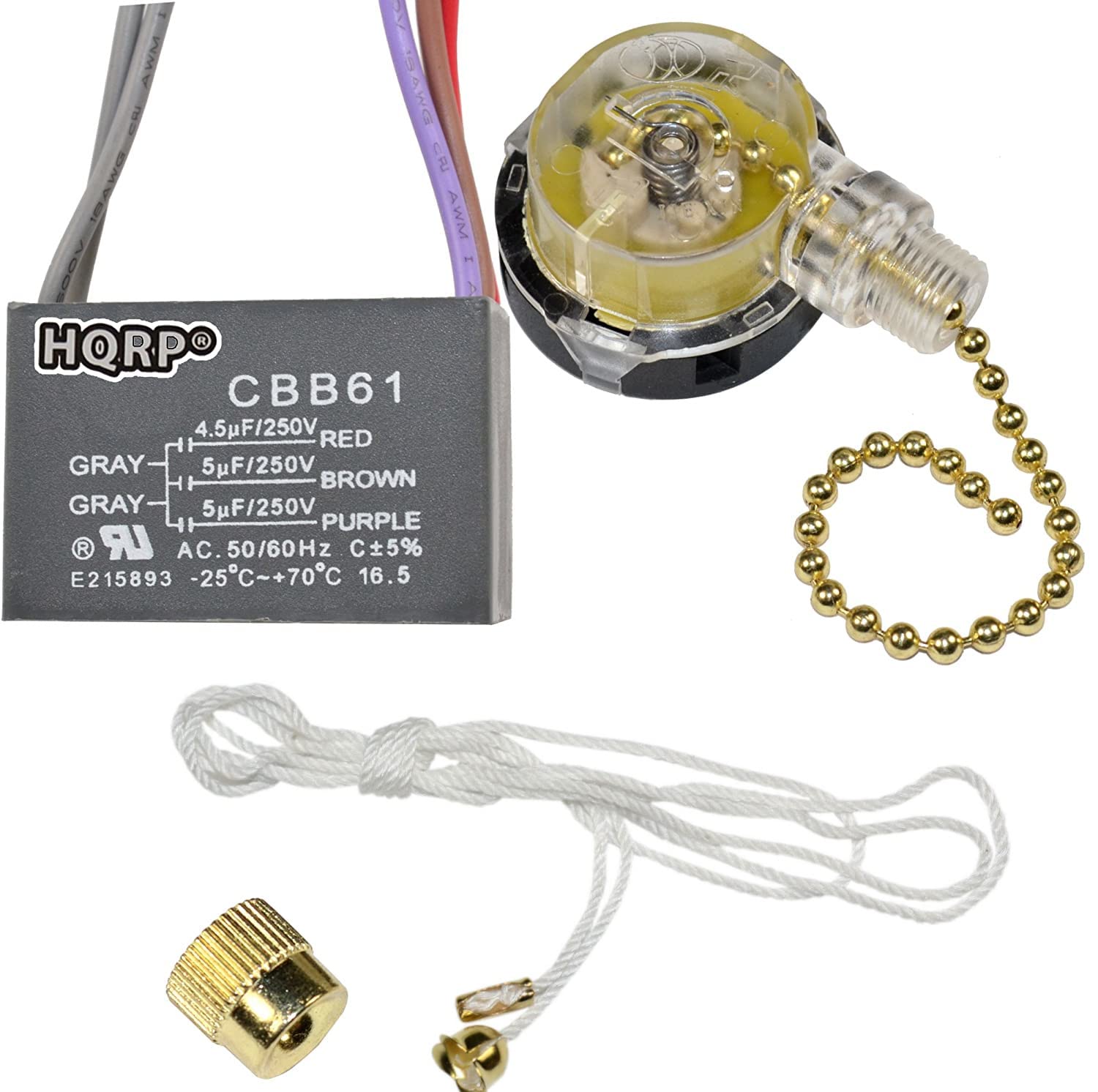Hqrp Kit Ceiling Fan Capacitor Cbb61 4.5Uf+5Uf+5Uf 5 Wire And 3 Speed Fan Switch