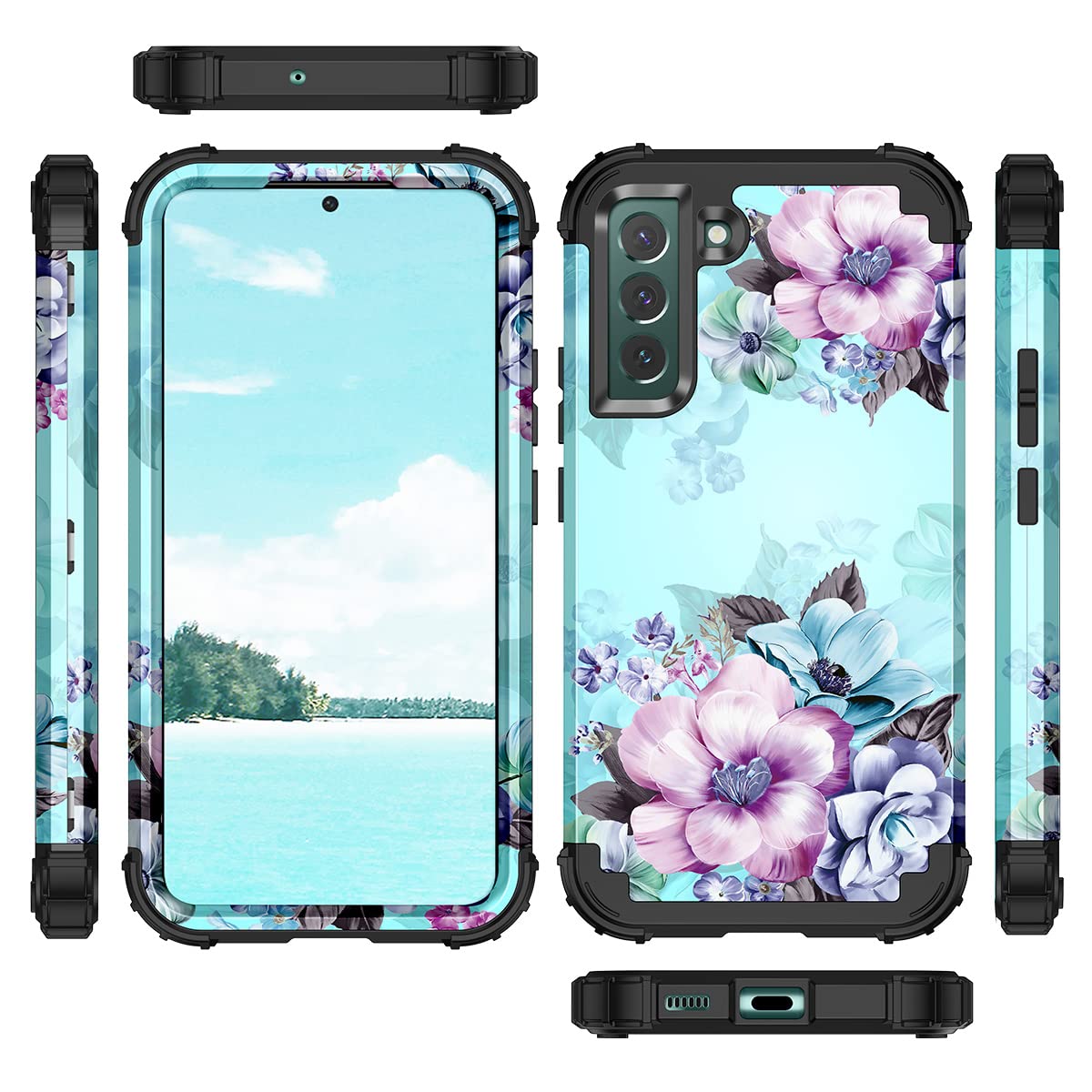 Casetego Compatible With Galaxy S22 5G Case,Floral Three Layer Heavy Duty Sturdy Shockproof Full Body Protective Cover Case For