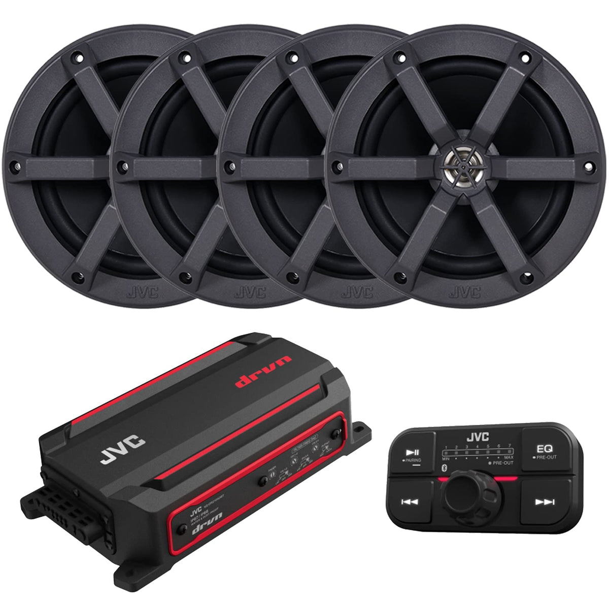Jvc 600 Watt Bluetooth Marine 4-Channel Amplifier With Remote Control, 2 Pair (Qty 4) Of 6.5'' 100 Watt Peak Power 2-Way Boat Au