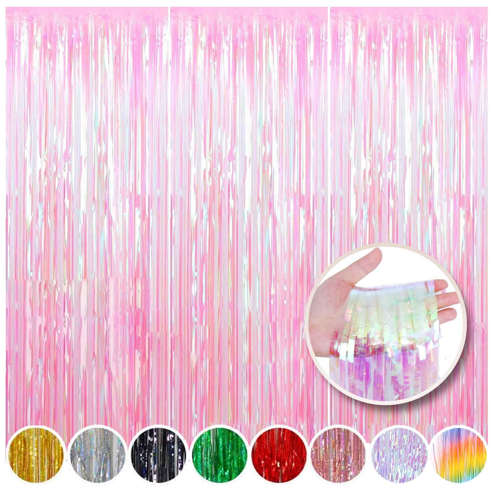 Aim & Ggkk 3 Pack Neon Clear Fringe Curtains 3.28 Ft X 6.56 Ft Neon Clear Foil Backdrop Tinsel Curtains Neon Clear Metalic Door
