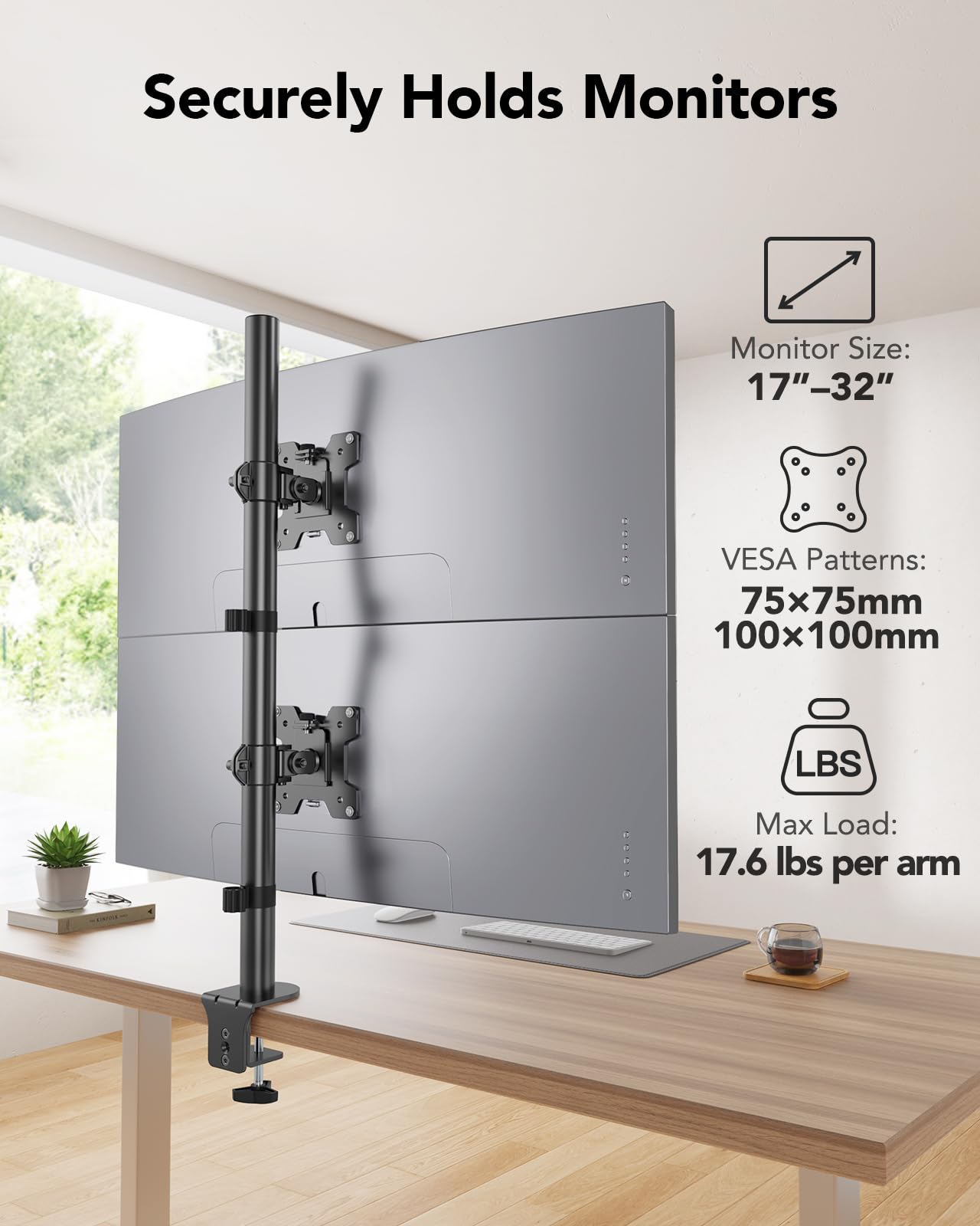 Huanuo Vertical Dual Monitor Mount, Stacked Monitor Stand For 2 Monitors With Height Adjustment Computer Monitor Arm Supports Tw