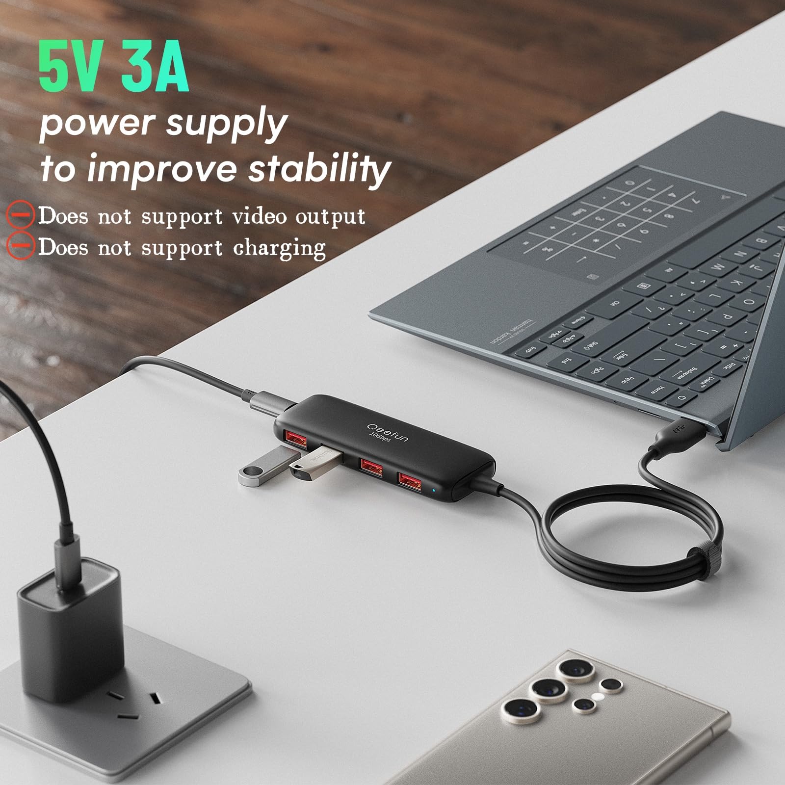 Qeefun ???????????? Usb 3.2 Hub With 4 Usb A Ports, Usb 3.2 Gen 2 Splitter,4Ft Extented Long Data Cable And Type C Power Port, F
