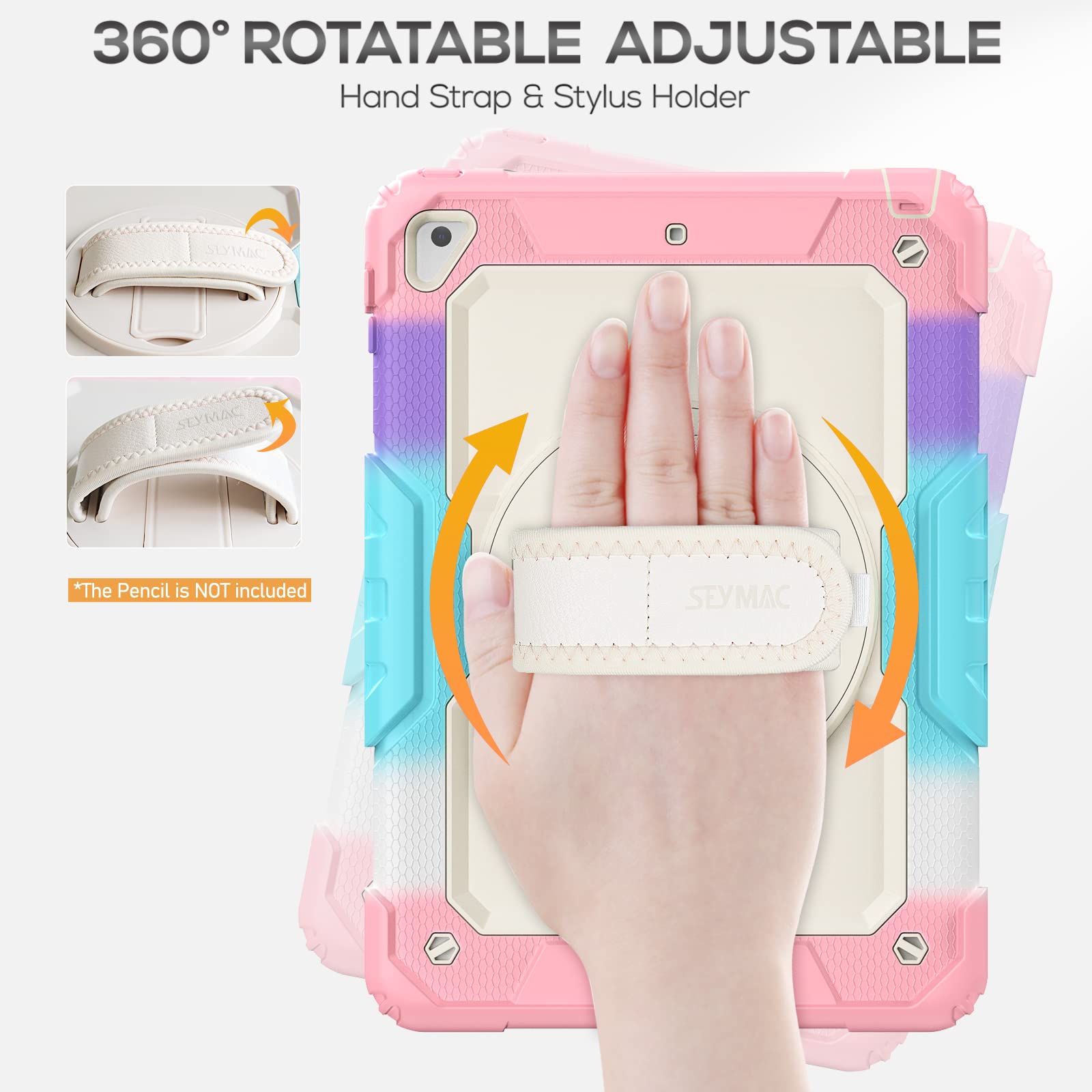 Seymac Kids Case For Ipad 6Th/5Th Generation Case 9.7', Full Body Shockproof Heavy Duty Protective Case With Screen Protector, Rotating Stand/Hand/Shoulder Strap For Ipad Air 2/Pro 9.7, Colorful Pink