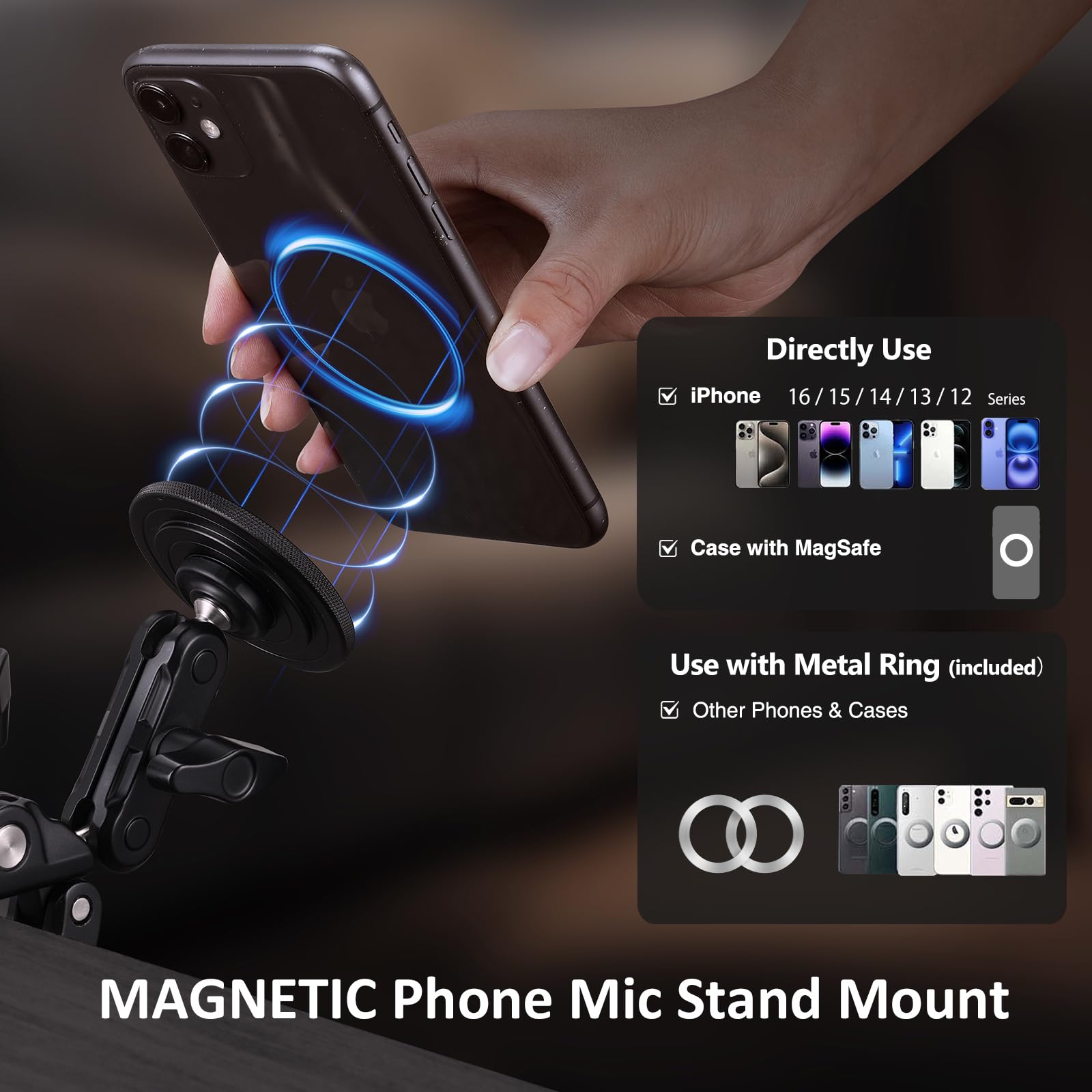 Mic Stand Phone Holder Aluminum Compatible With Magsafe Iphone 16/15/14/13/12 Plus Pro Max Series, Side Mount Cellphone Music St