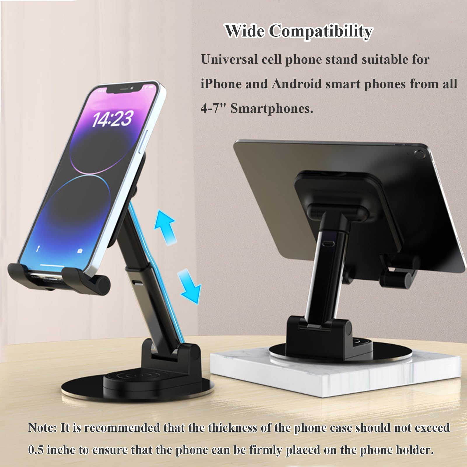 Rotatable Cell Phone Stand For Desk, Height Angle Adjustable Phone Holder Portable Phone Stand Compatible For Most Smartphones I