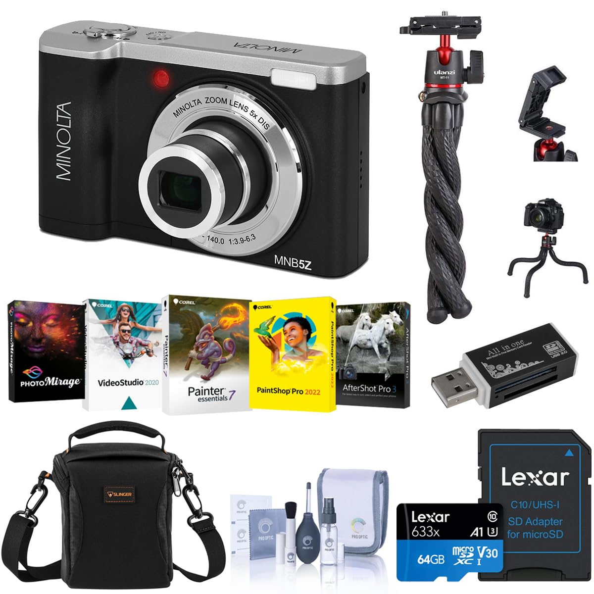 Minolta MNB5Z 56MP 5K Ultra HD 2.8 LCD Screen Digital Camera, Black, Bundle with Shoulder Bag, 64GB Memory Card, Tripod, Cleanin