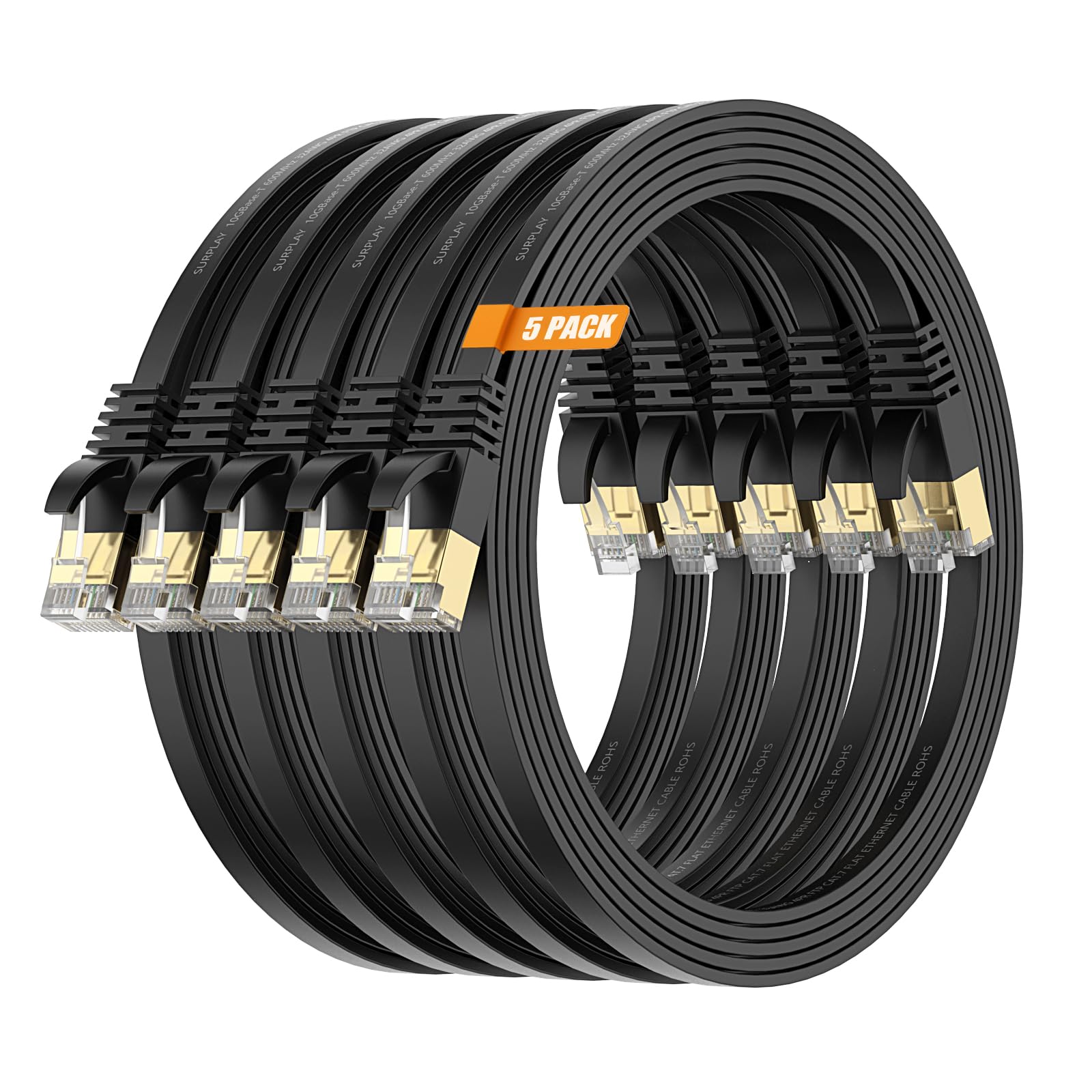 Surplay Cat7 5Pack 10Ft Ethernet Cable Black 10Gbps Shielded & Ground Wire Internet Network Flat Patch Cord,Ultra Slim Gold Plat