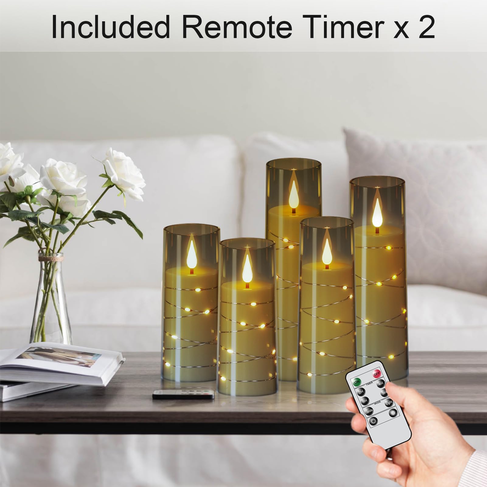 Genswin Flickering Flameless Candles With Remote Timer, 5 Pack Battery Operated Candles With Embedded Star String, Black Led Bat